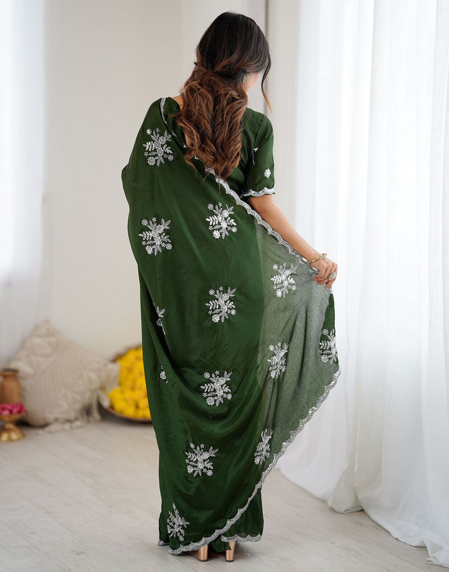 Mehndi Green Chinnon Sequence Embroidery Saree