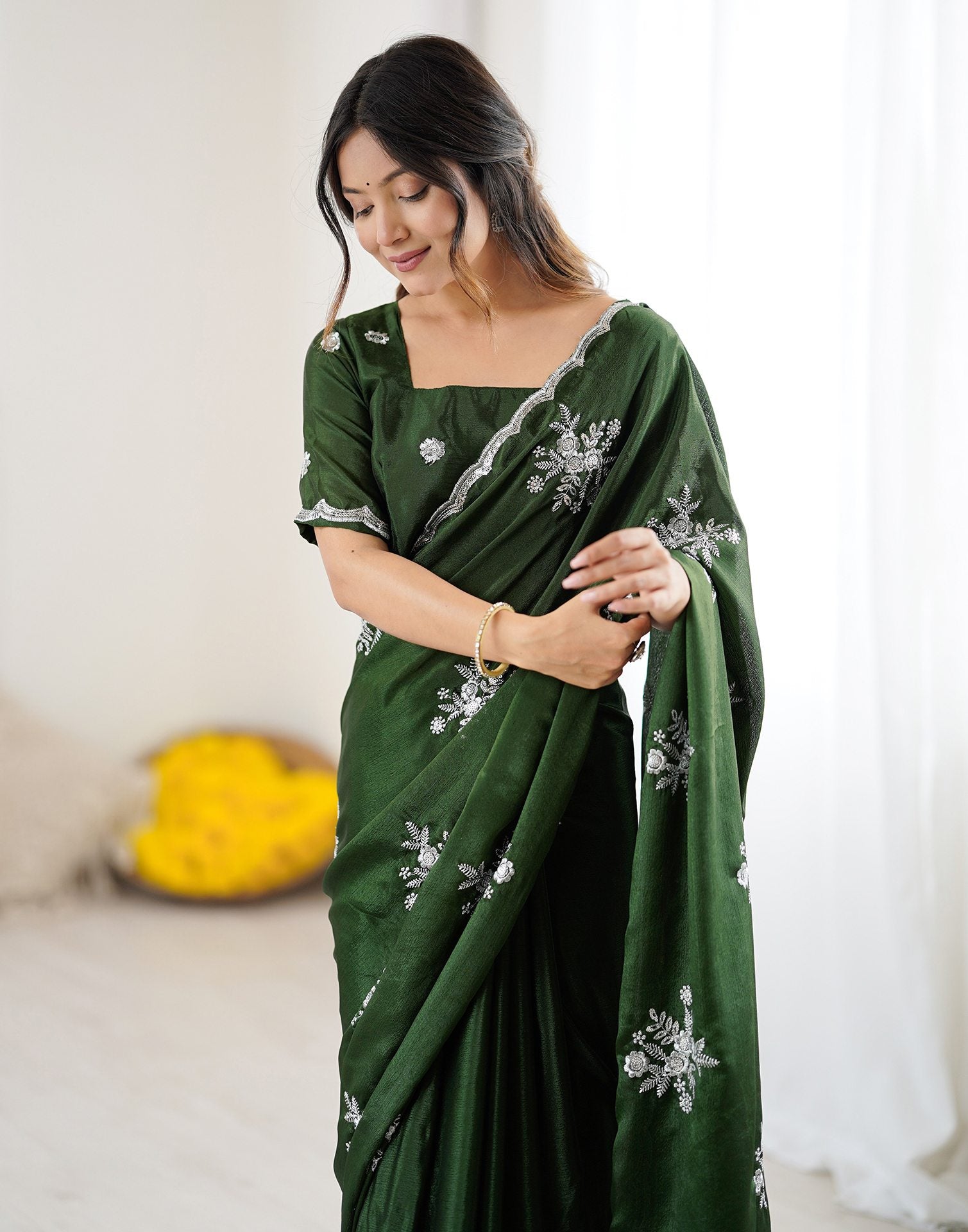 Mehndi Green Chinnon Sequence Embroidery Saree