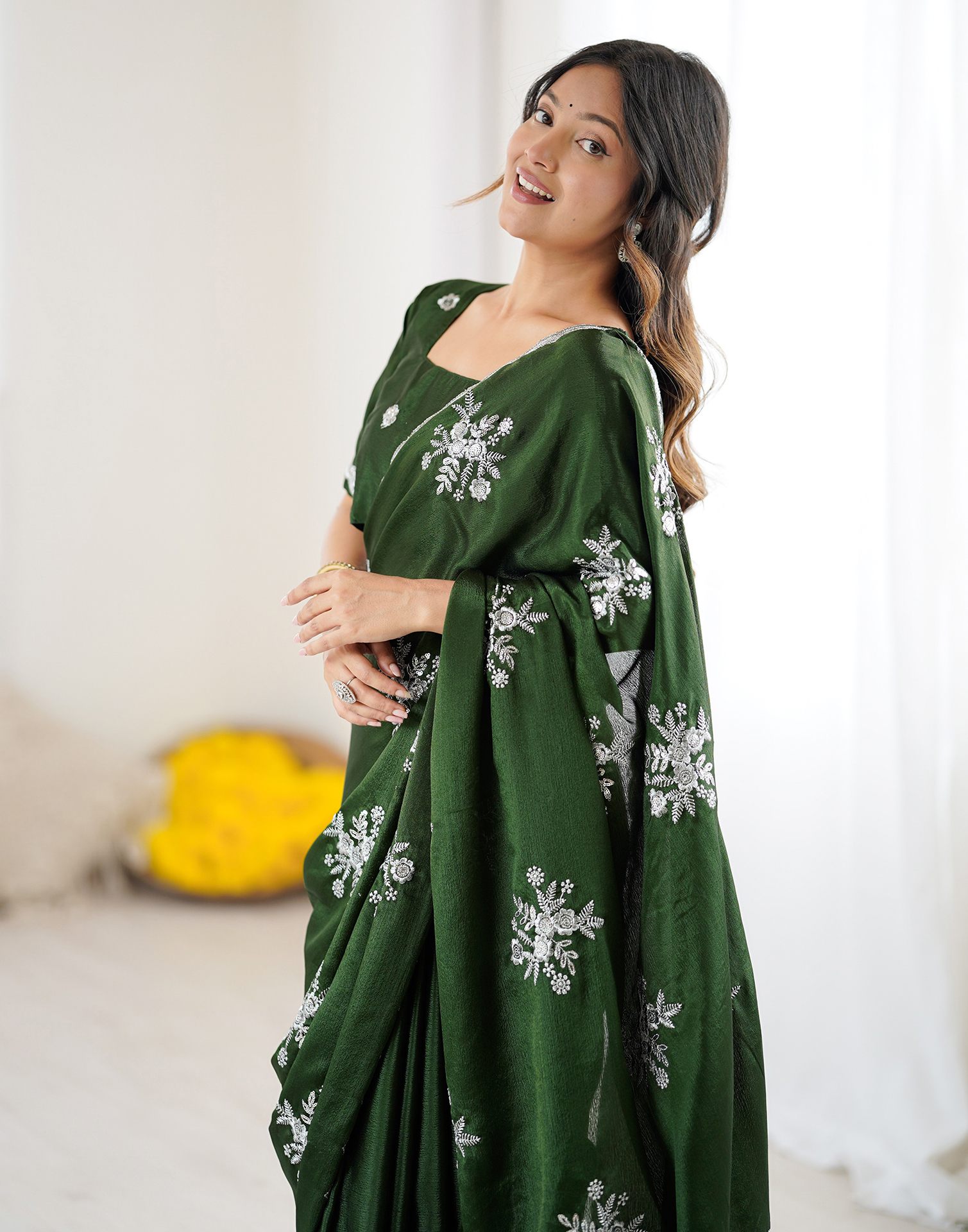 Mehndi Green Chinnon Sequence Embroidery Saree