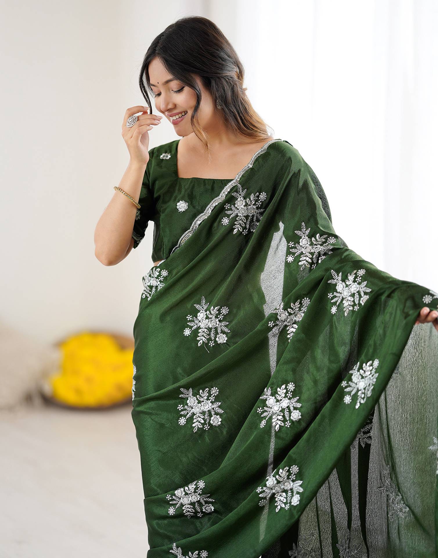 Mehndi Green Chinnon Sequence Embroidery Saree