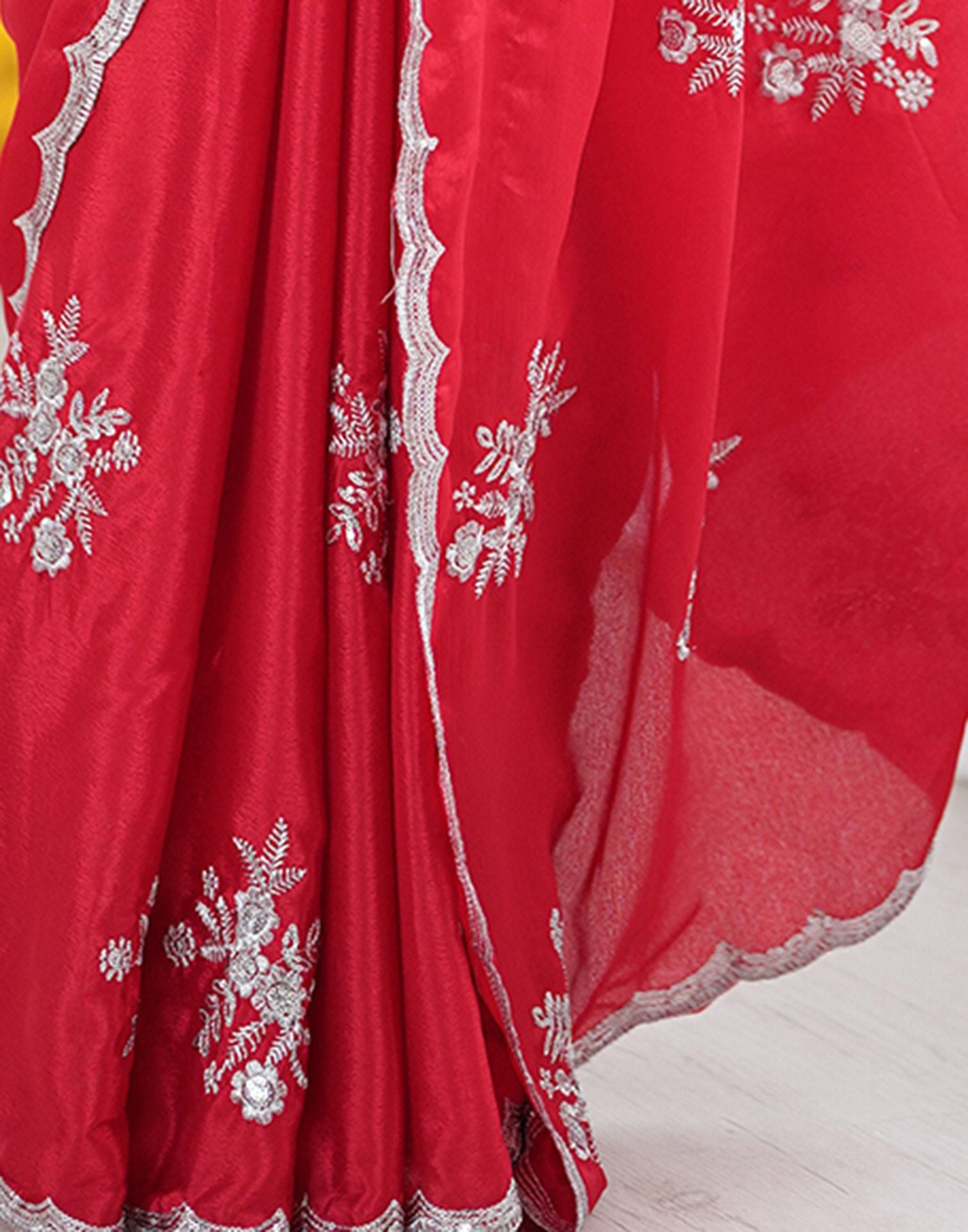Red Chinnon Sequence Embroidery Saree