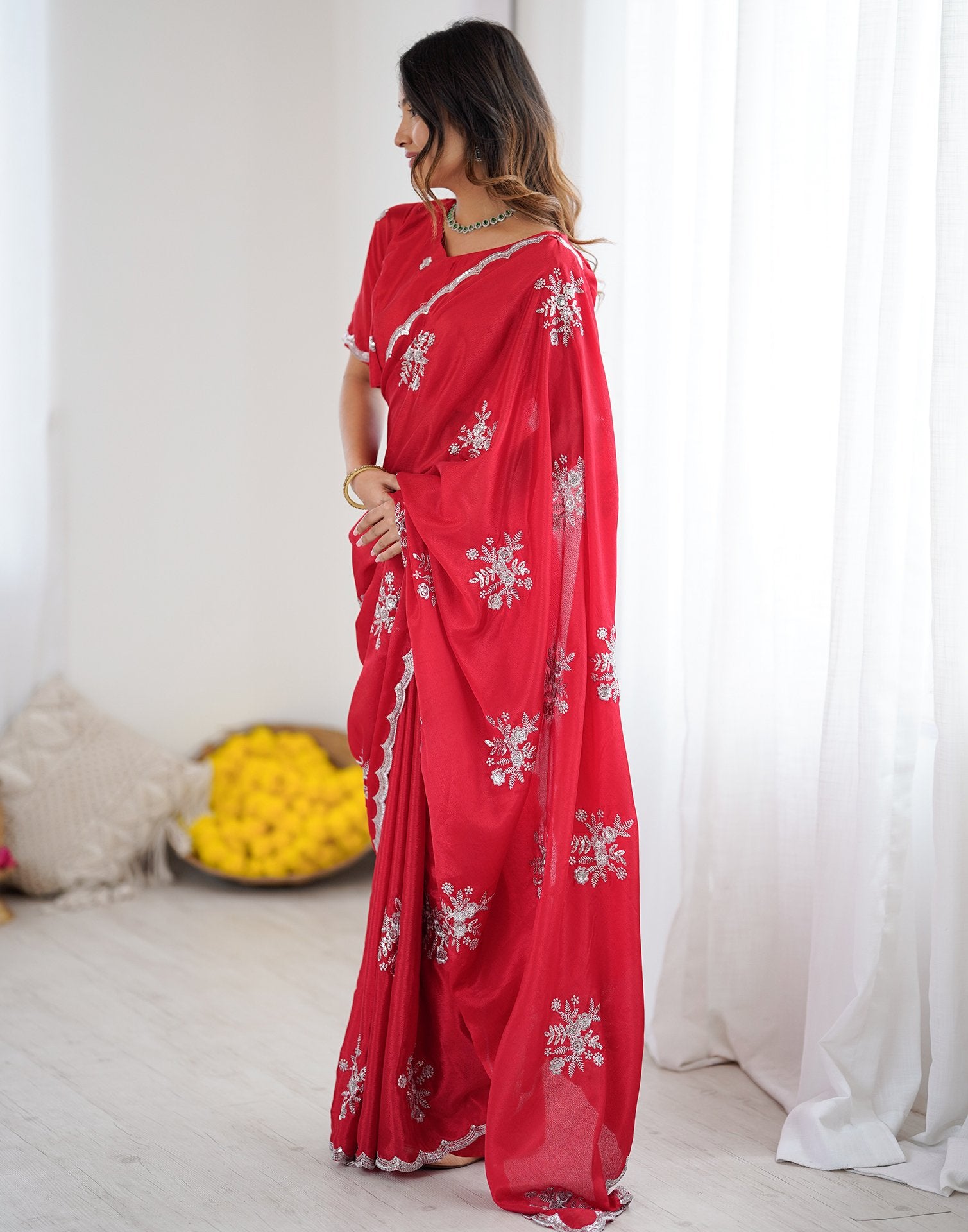 Red Chinnon Sequence Embroidery Saree