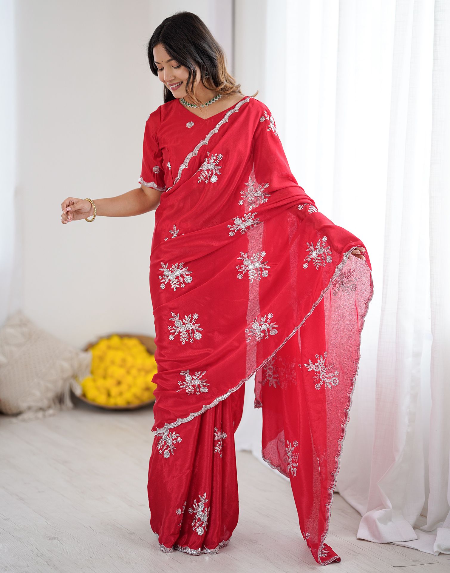 Red Chinnon Sequence Embroidery Saree