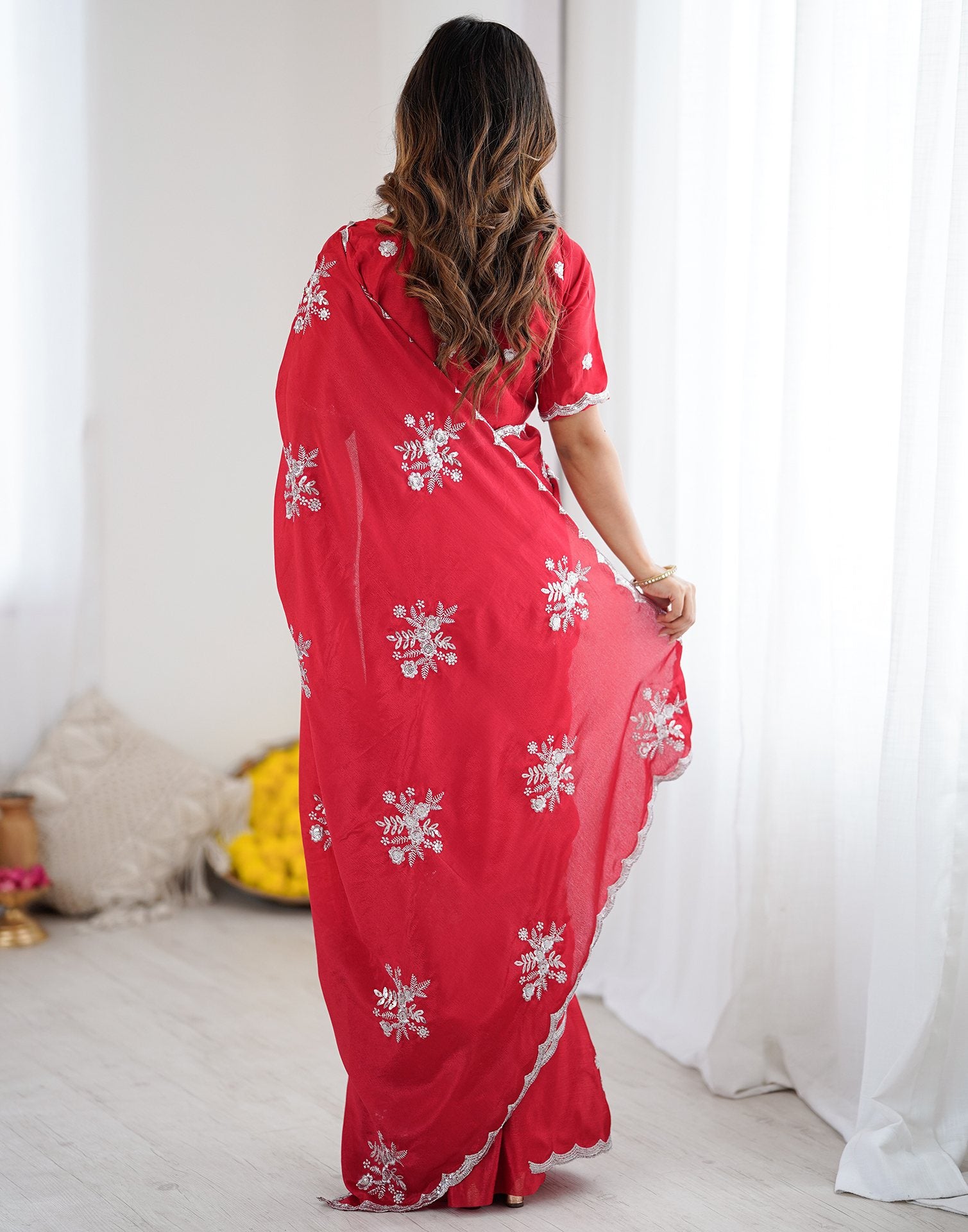 Red Chinnon Sequence Embroidery Saree