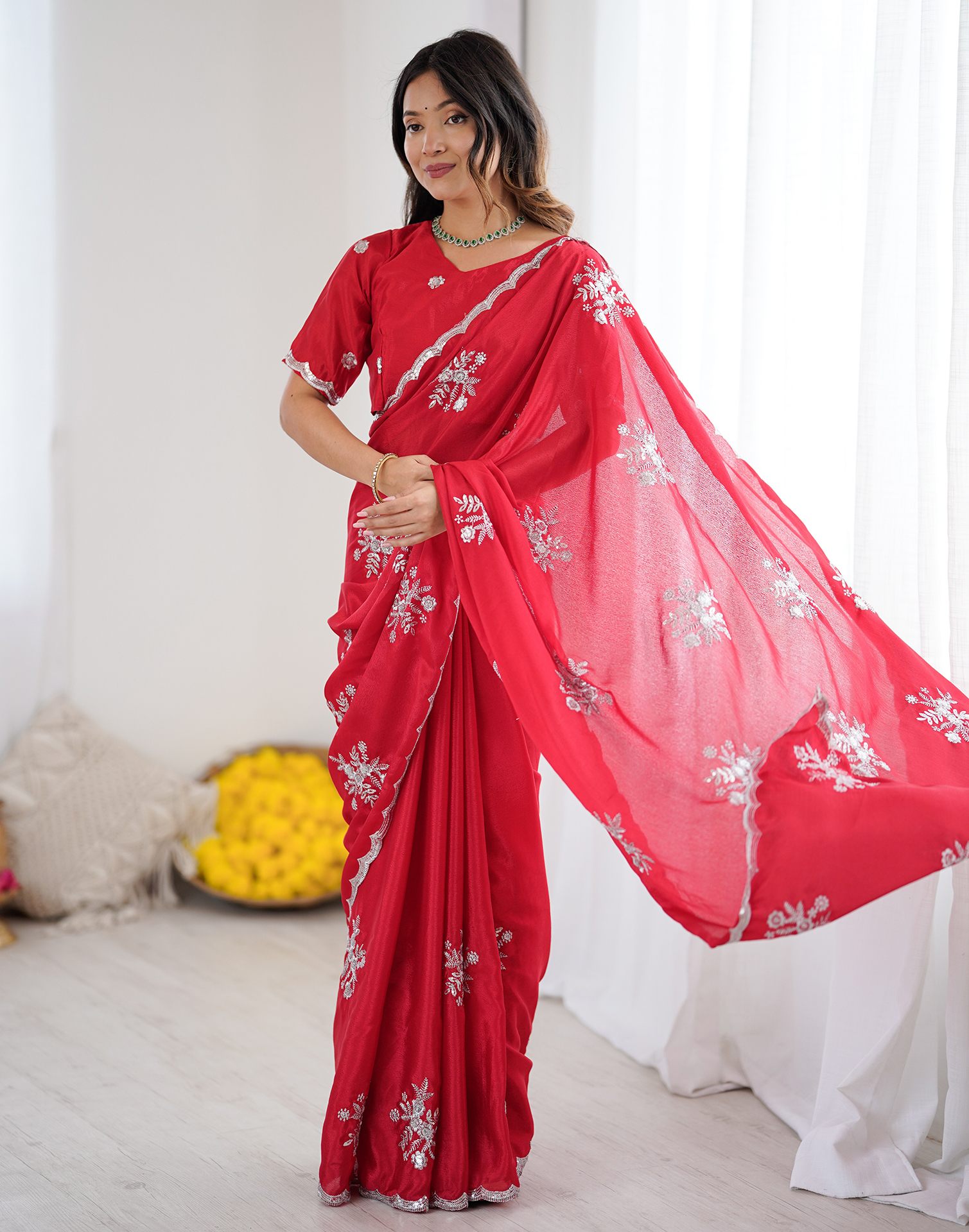 Red Chinnon Sequence Embroidery Saree