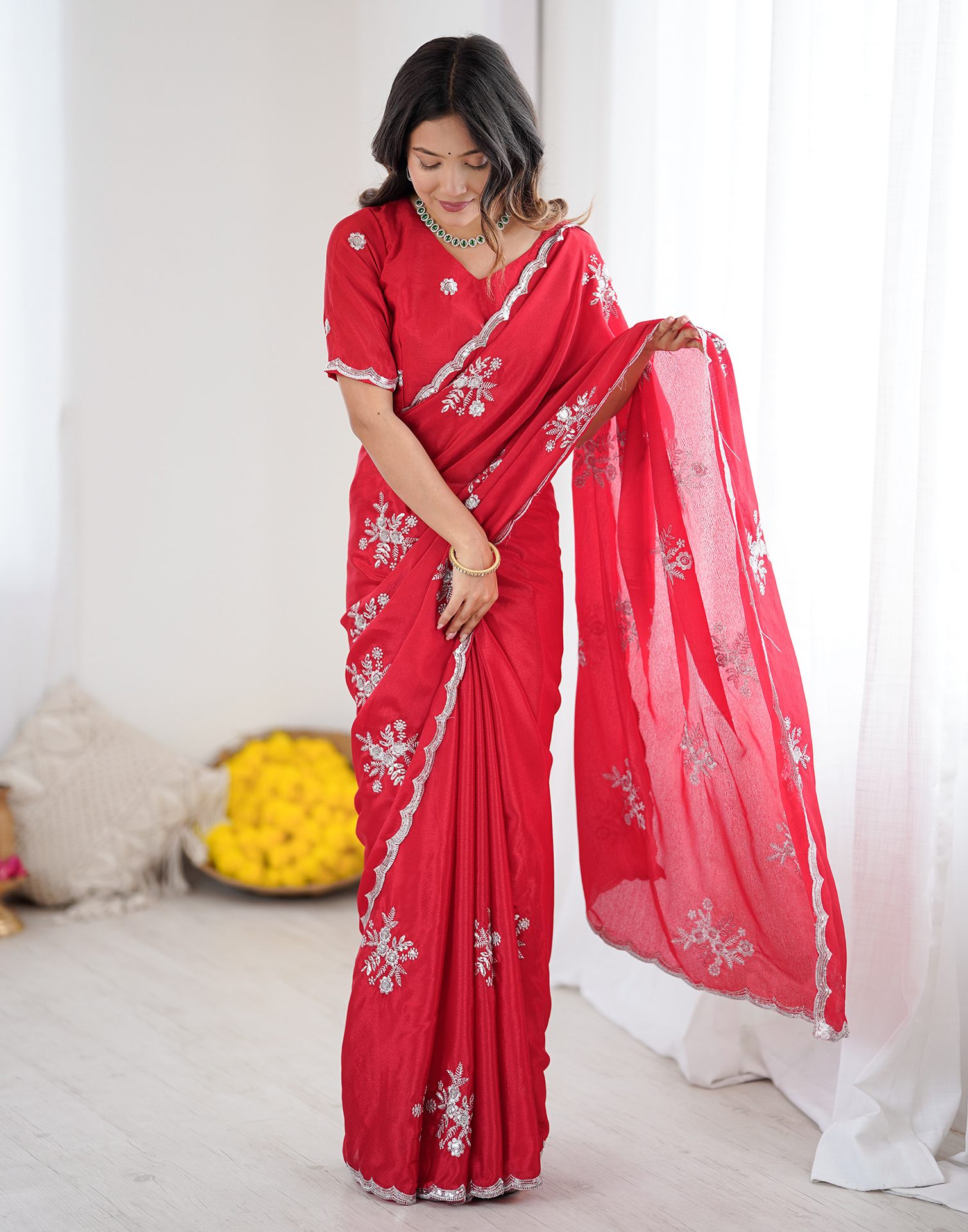 Red Chinnon Sequence Embroidery Saree