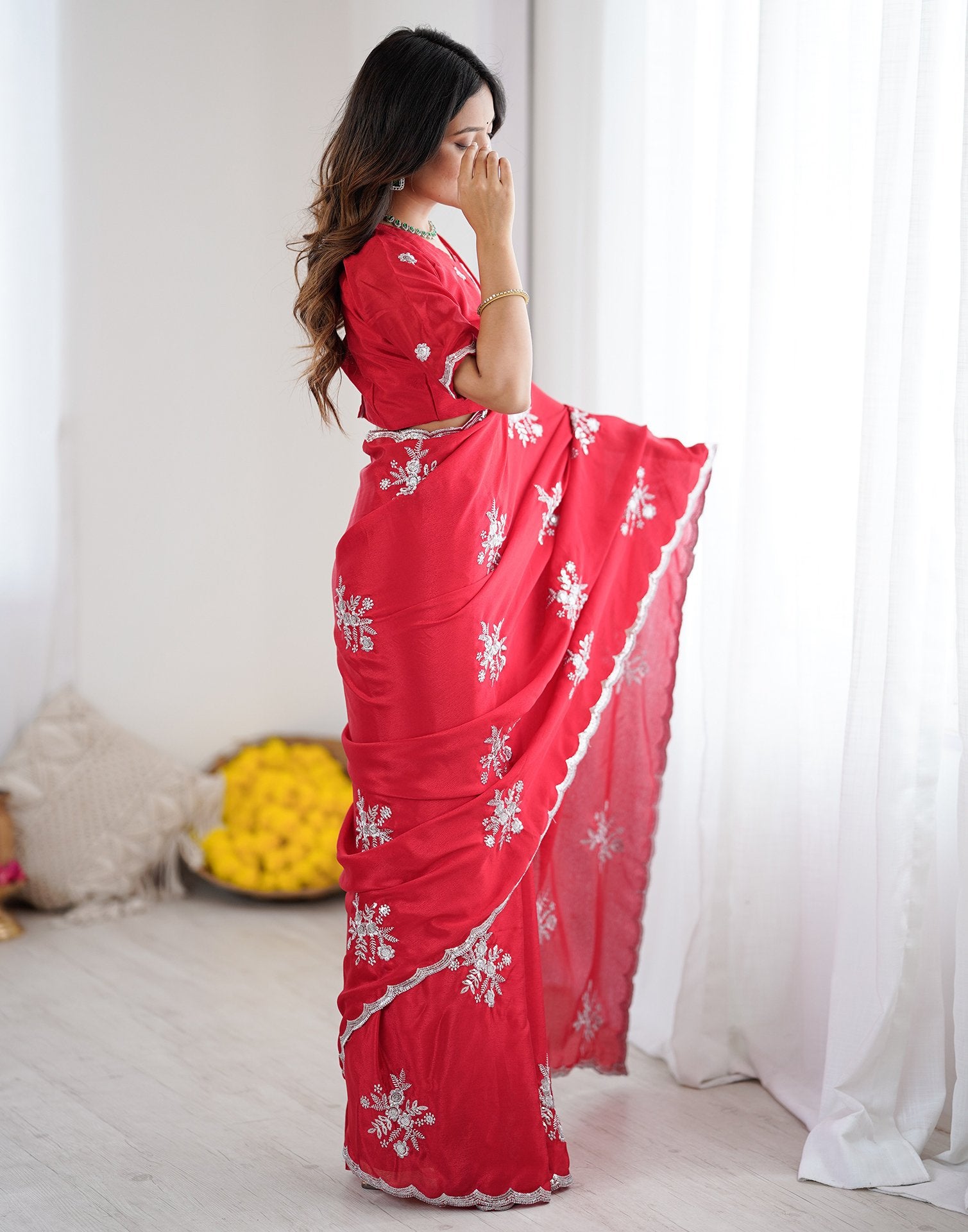 Red Chinnon Sequence Embroidery Saree