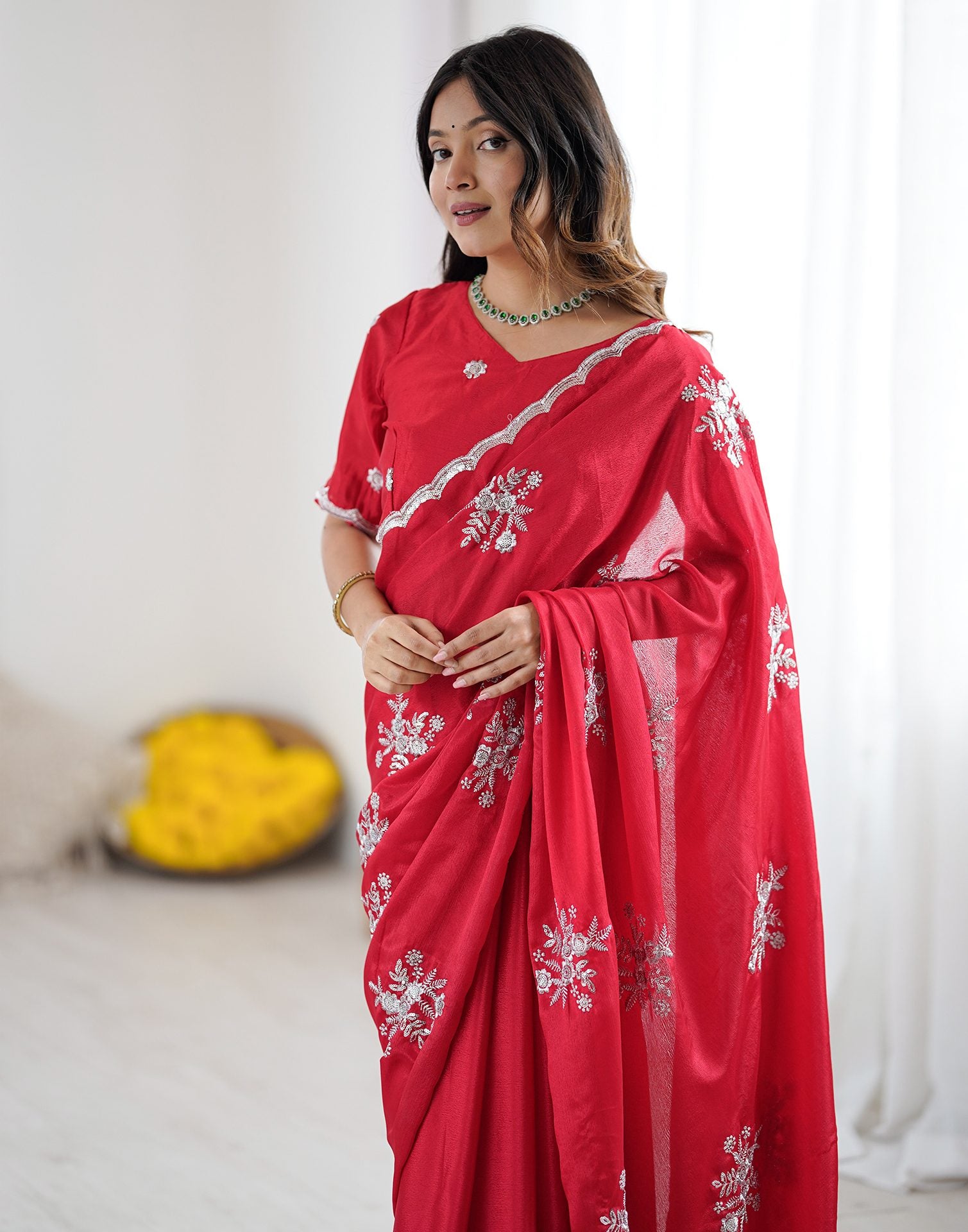 Red Chinnon Sequence Embroidery Saree
