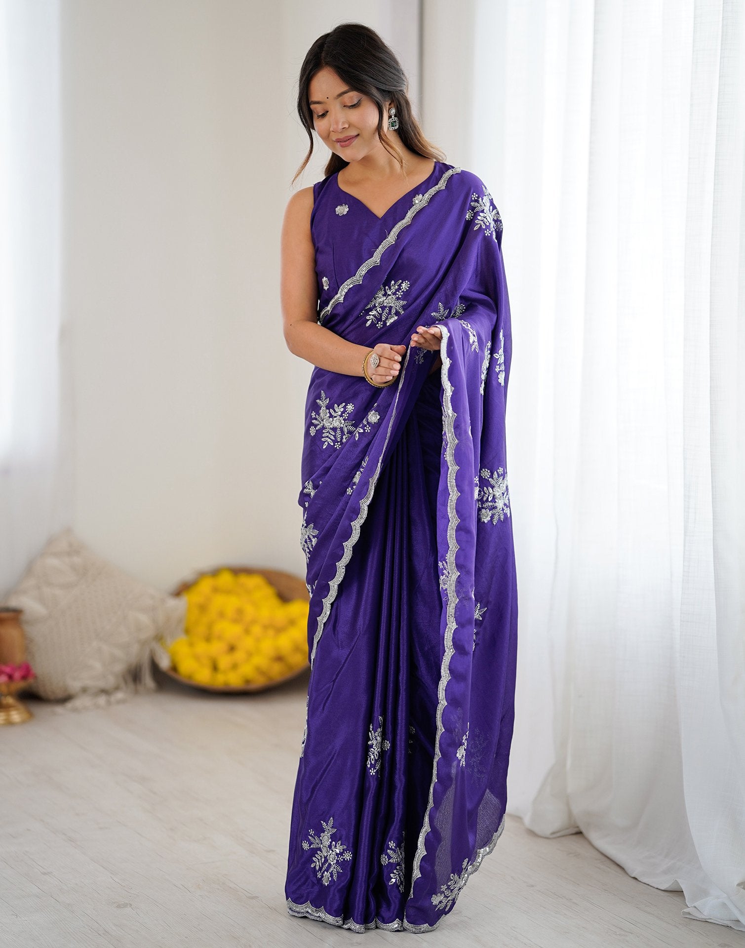 Dark Purple Chinnon Sequence Embroidery Saree