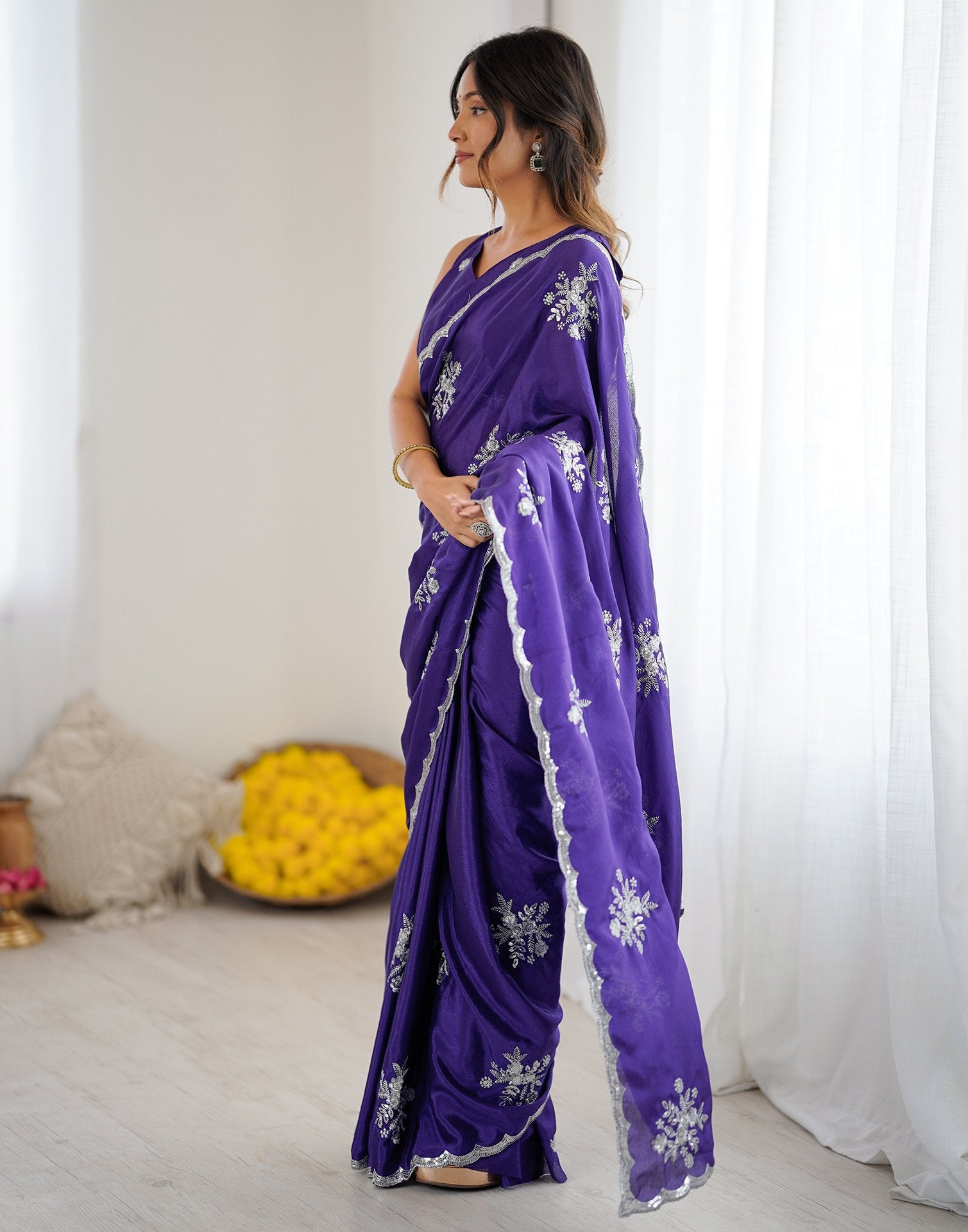 Dark Purple Chinnon Sequence Embroidery Saree