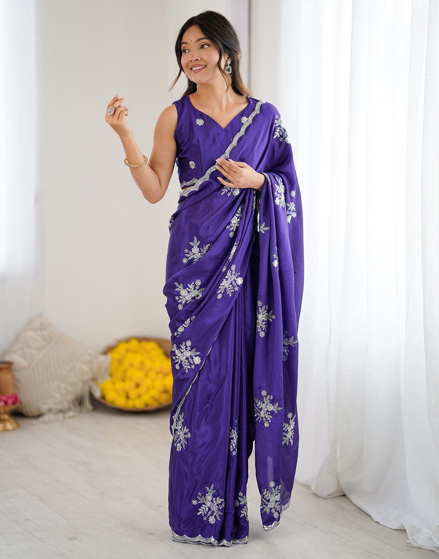 Dark Purple Chinnon Sequence Embroidery Saree
