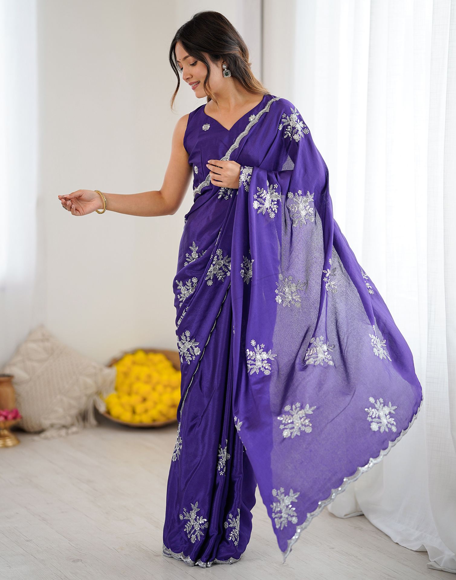 Dark Purple Chinnon Sequence Embroidery Saree