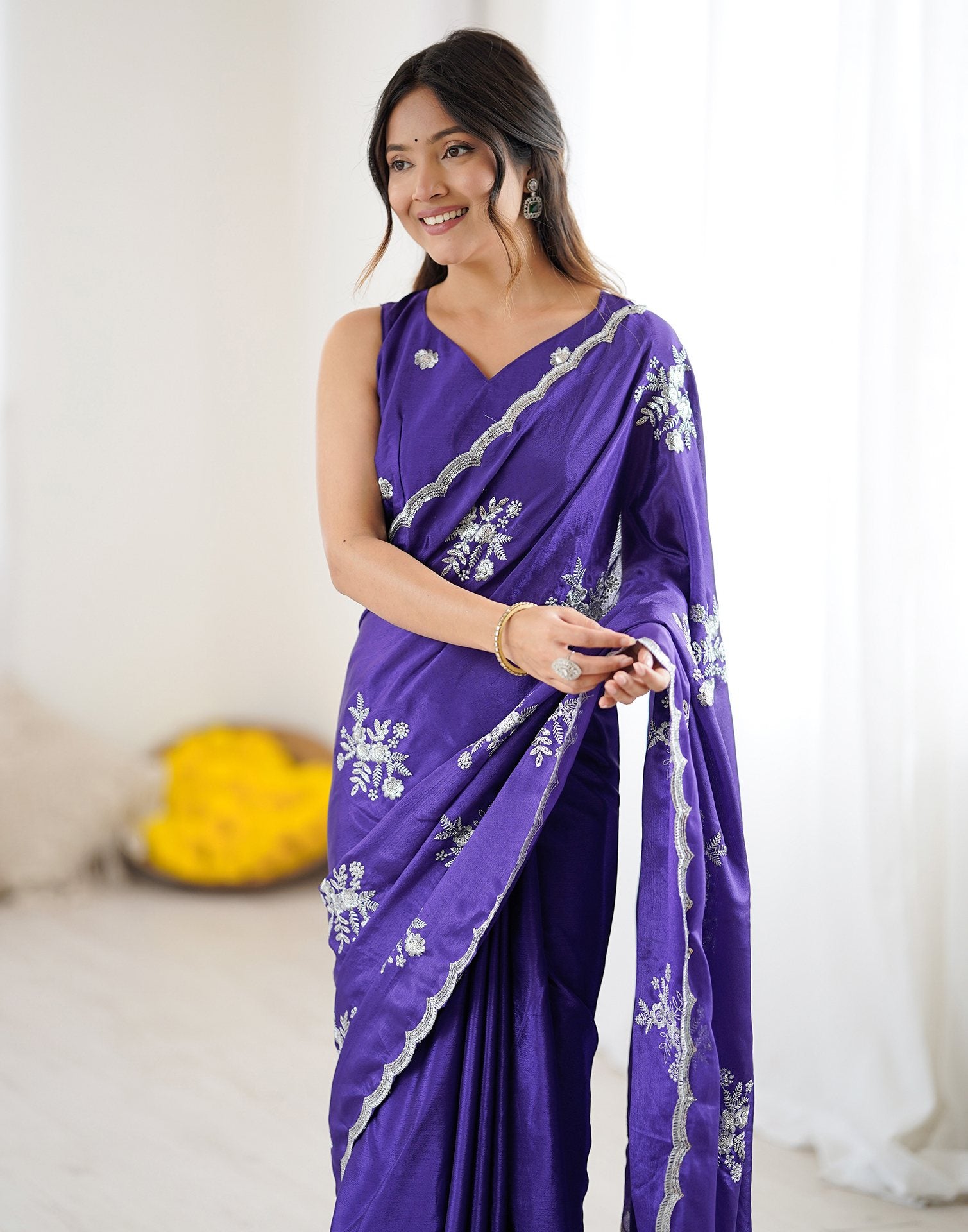 Dark Purple Chinnon Sequence Embroidery Saree