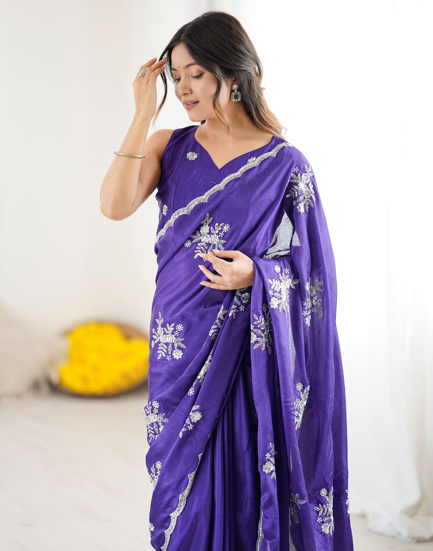 Dark Purple Chinnon Sequence Embroidery Saree