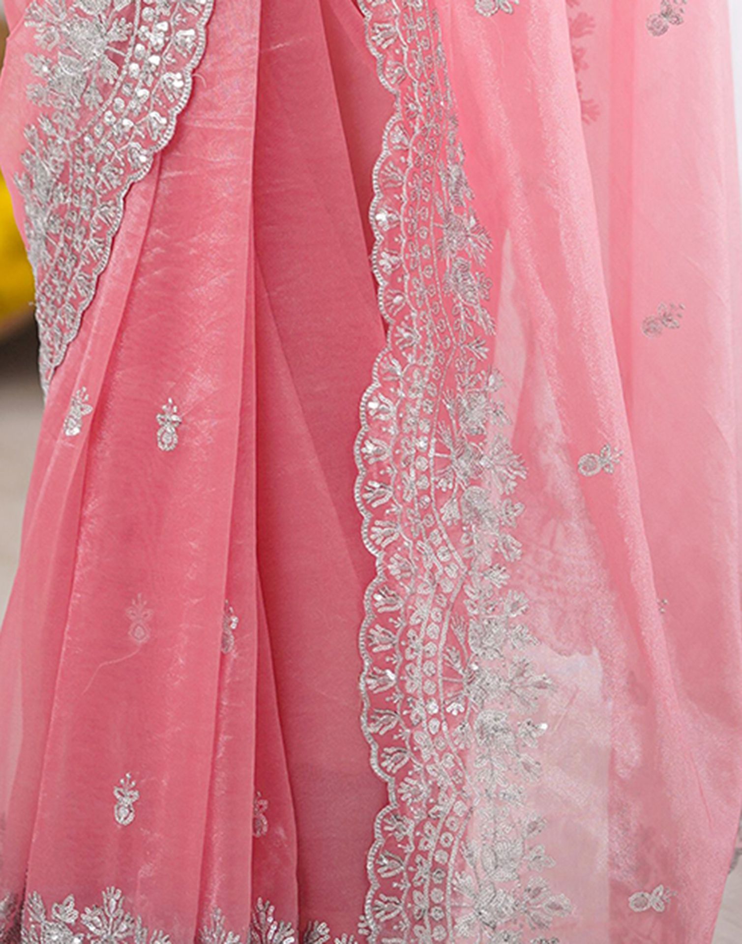 Rose Pink Net Sequence Embroidery Saree