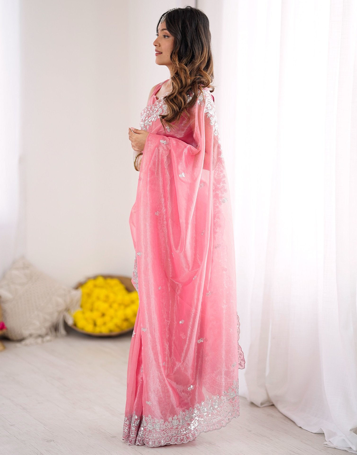 Rose Pink Net Sequence Embroidery Saree