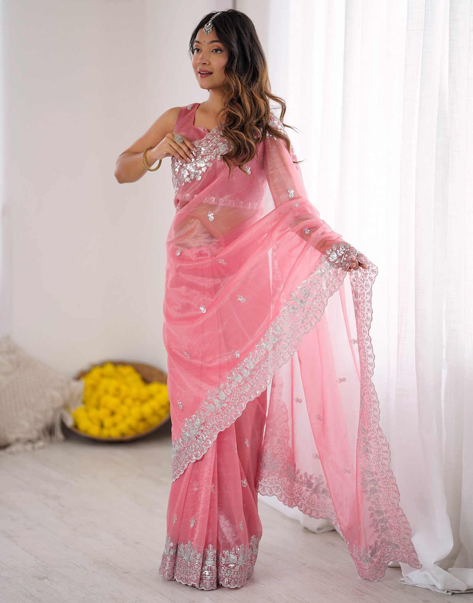 Rose Pink Net Sequence Embroidery Saree