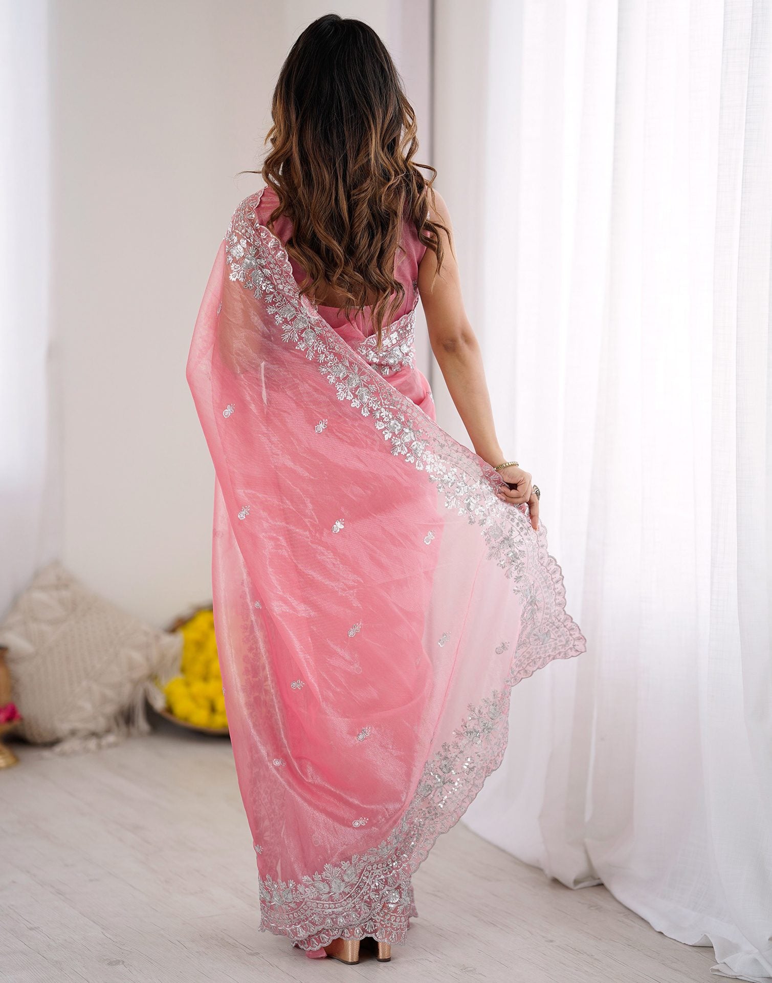 Rose Pink Net Sequence Embroidery Saree