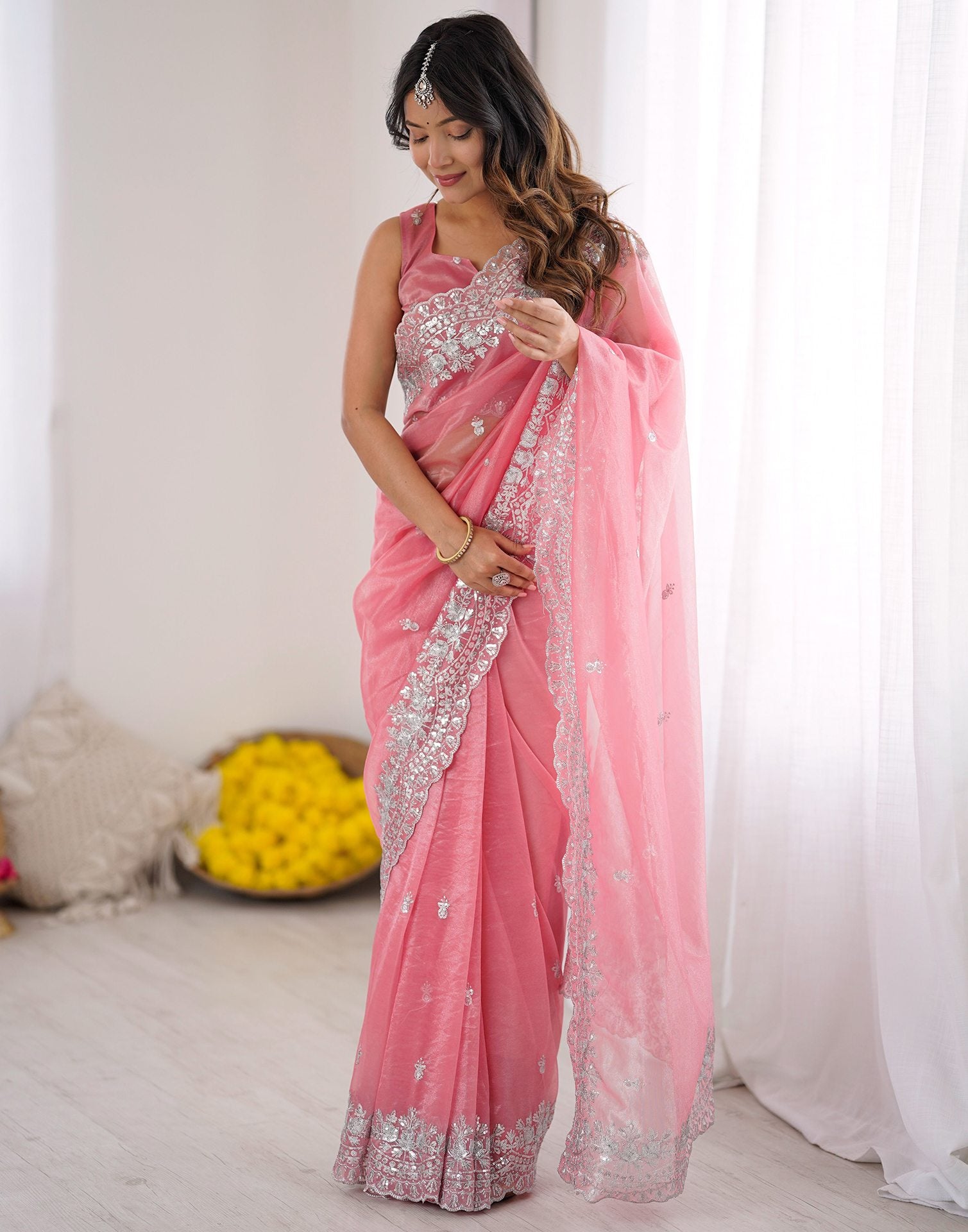 Rose Pink Net Sequence Embroidery Saree