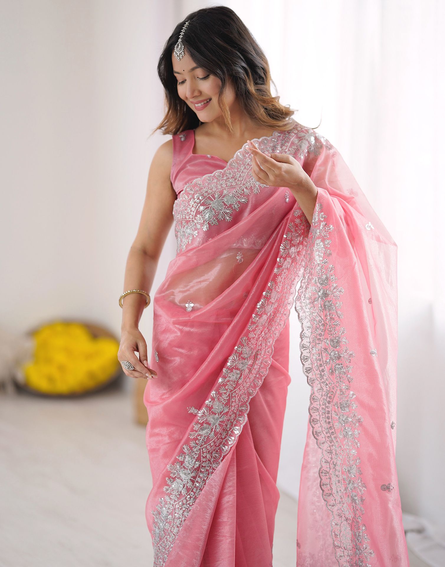 Rose Pink Net Sequence Embroidery Saree