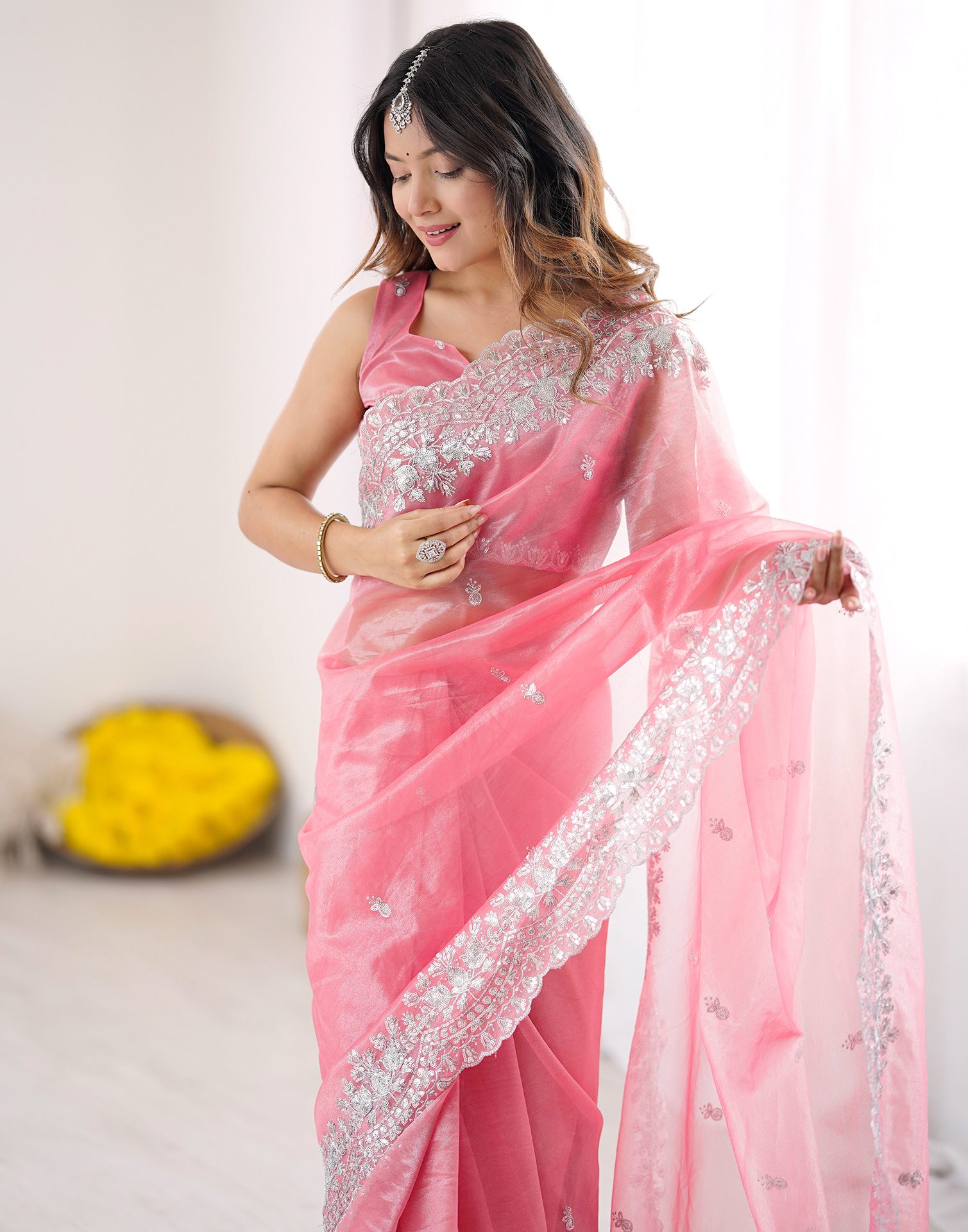 Rose Pink Net Sequence Embroidery Saree