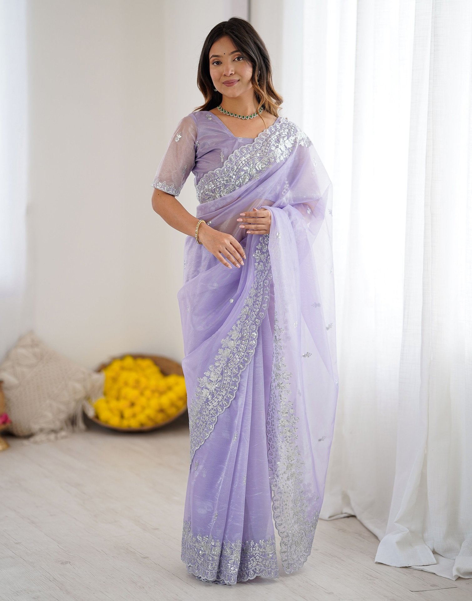 Lavender Net Sequence Embroidery Saree