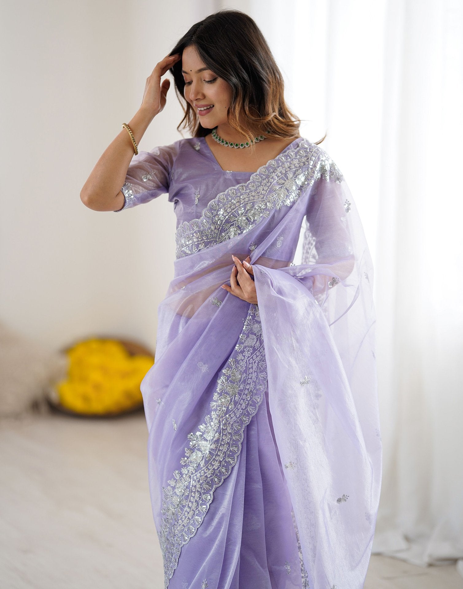 Lavender Net Sequence Embroidery Saree