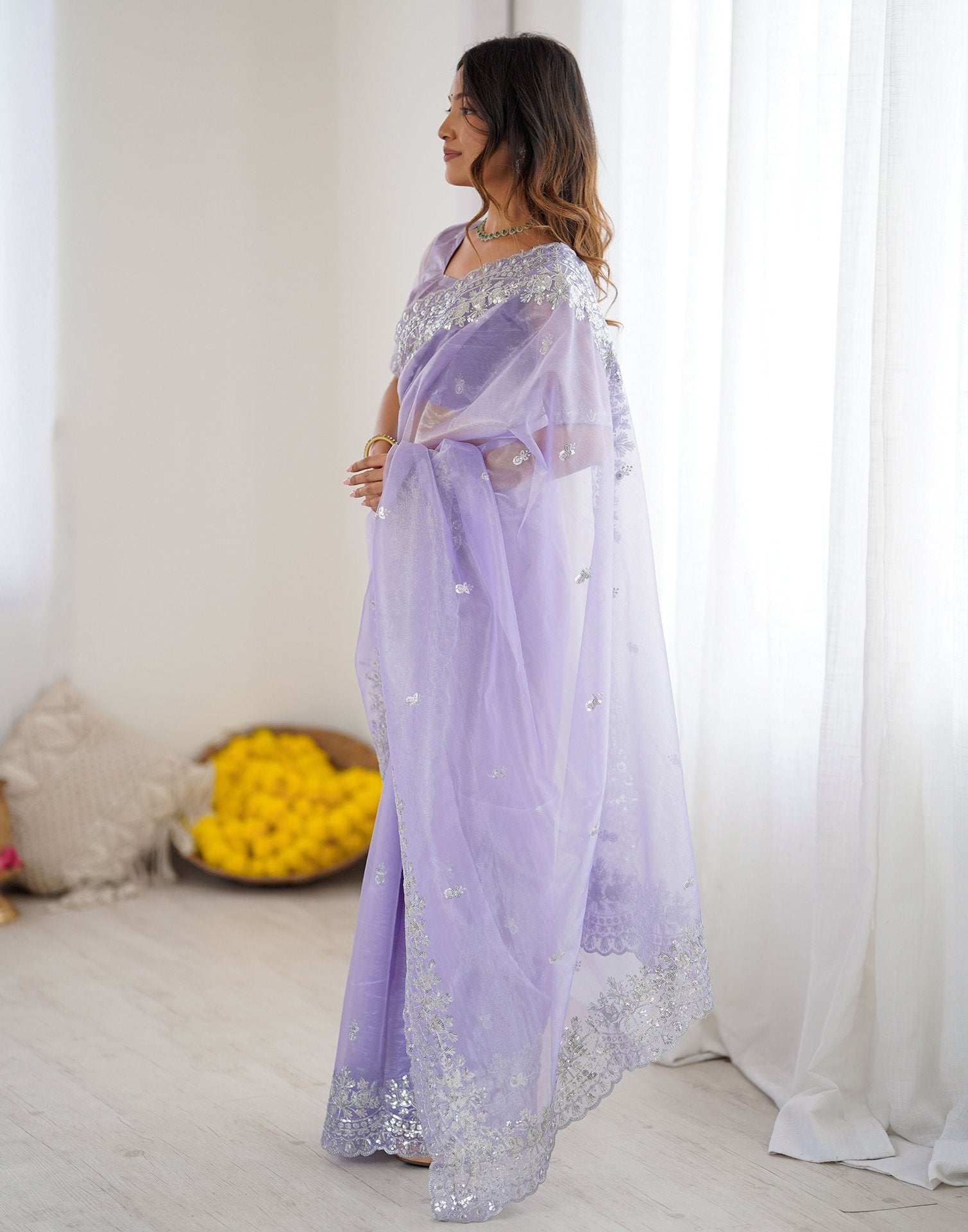 Lavender Net Sequence Embroidery Saree