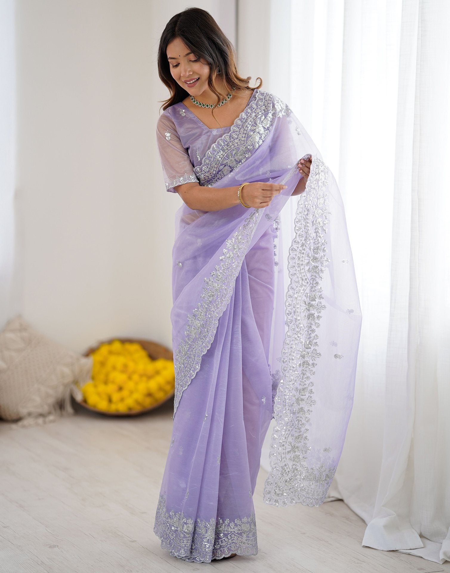 Lavender Net Sequence Embroidery Saree