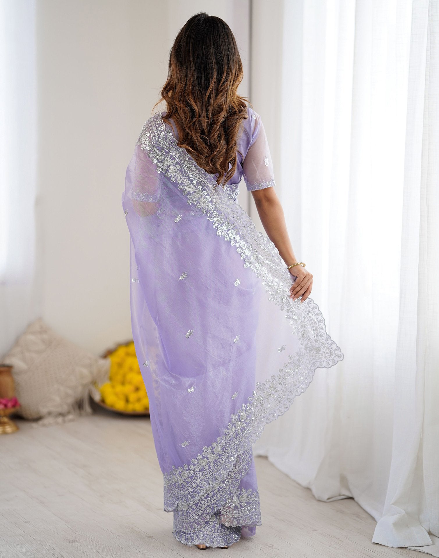 Lavender Net Sequence Embroidery Saree
