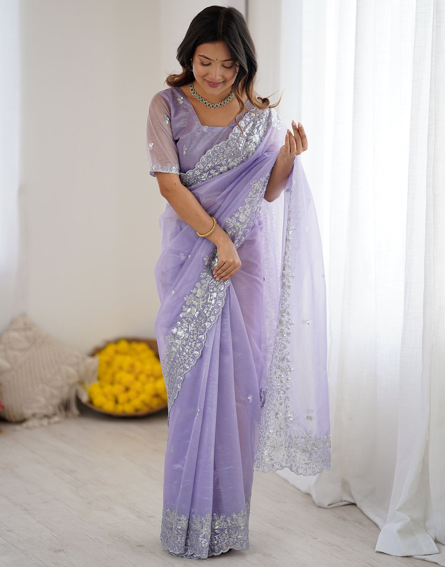 Lavender Net Sequence Embroidery Saree