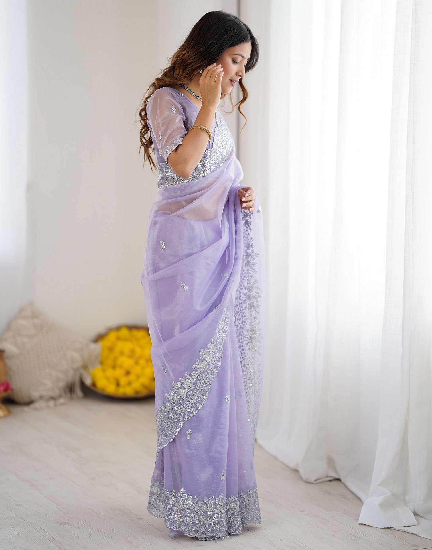 Lavender Net Sequence Embroidery Saree