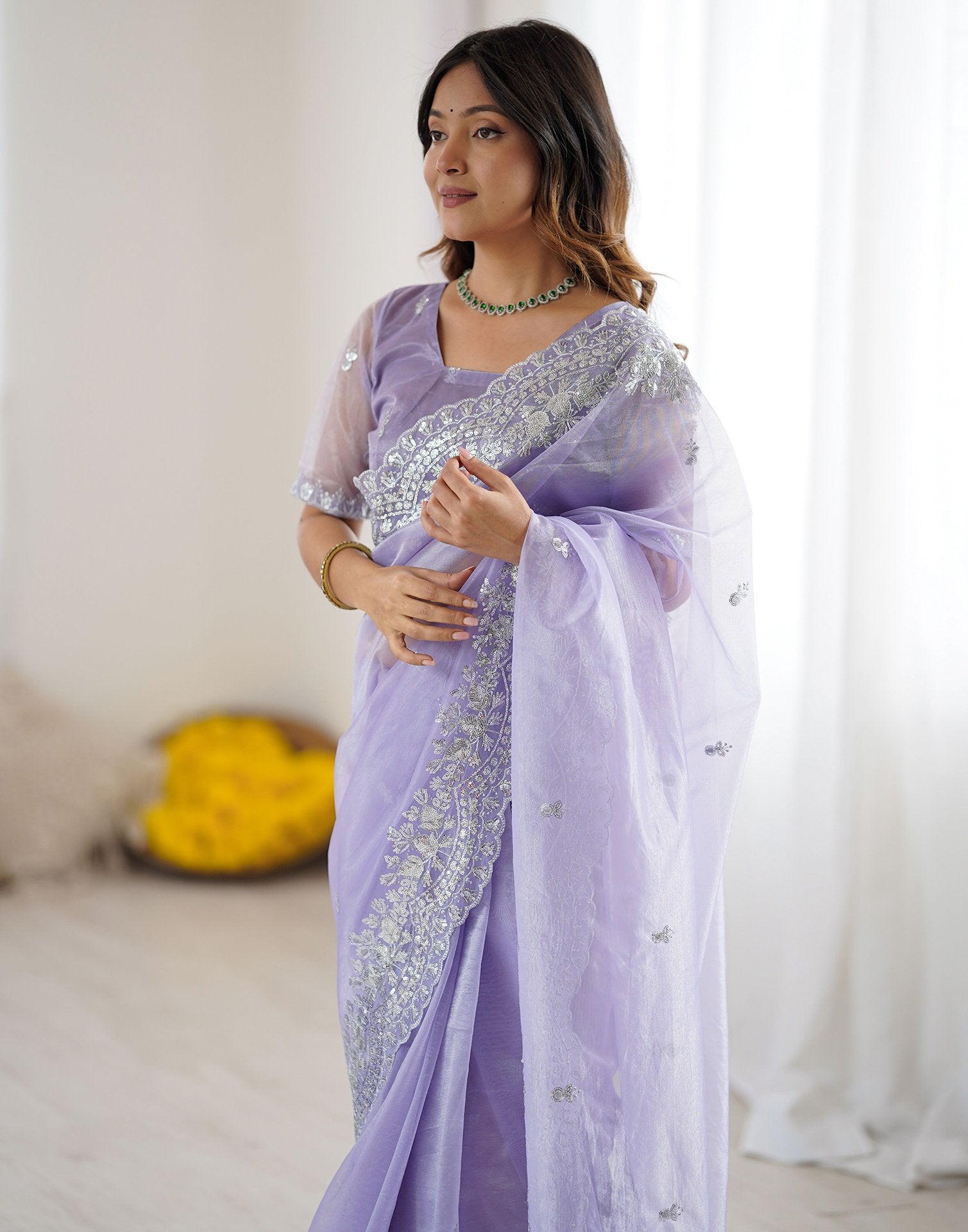 Lavender Net Sequence Embroidery Saree