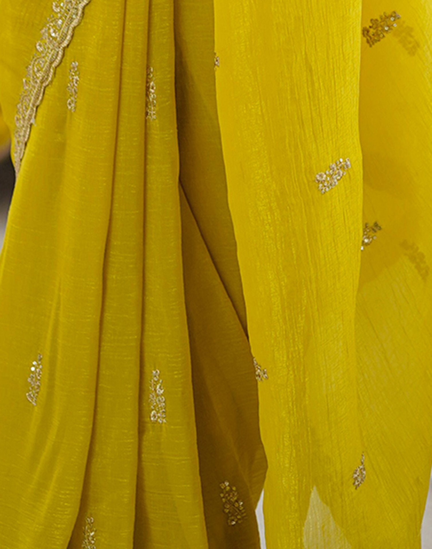 Lime Yellow Tissue Silk Sequence Embroidery Saree