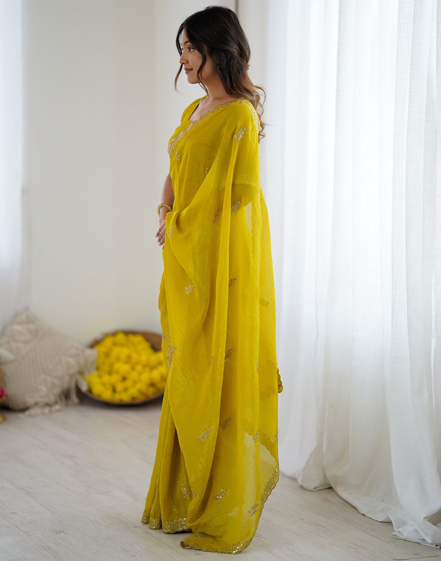 Lime Yellow Tissue Silk Sequence Embroidery Saree