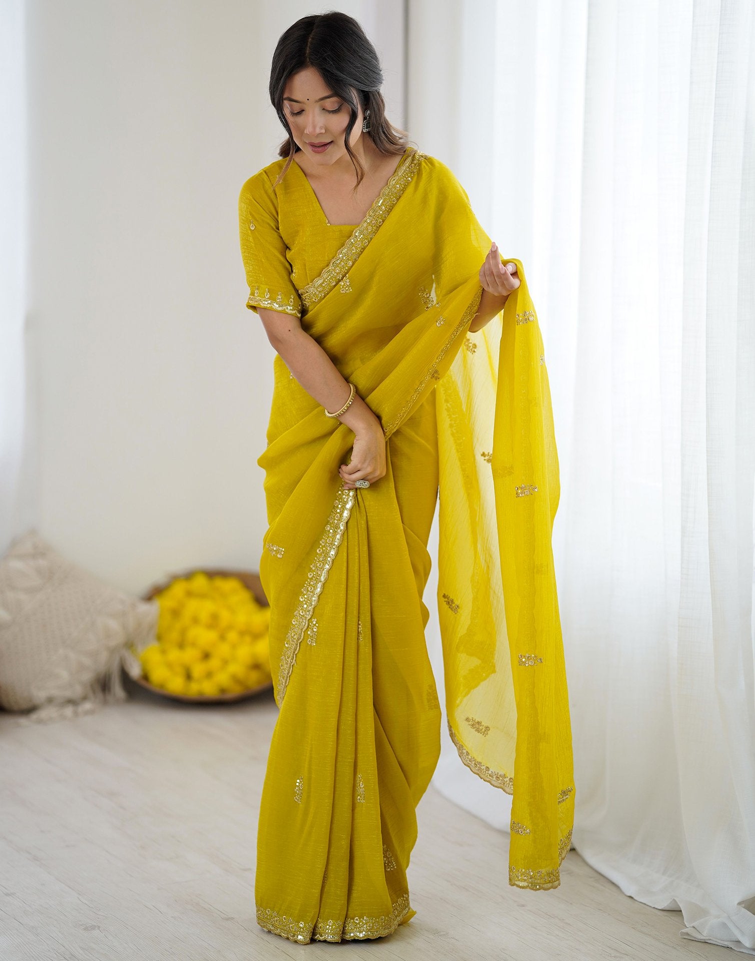 Lime Yellow Tissue Silk Sequence Embroidery Saree