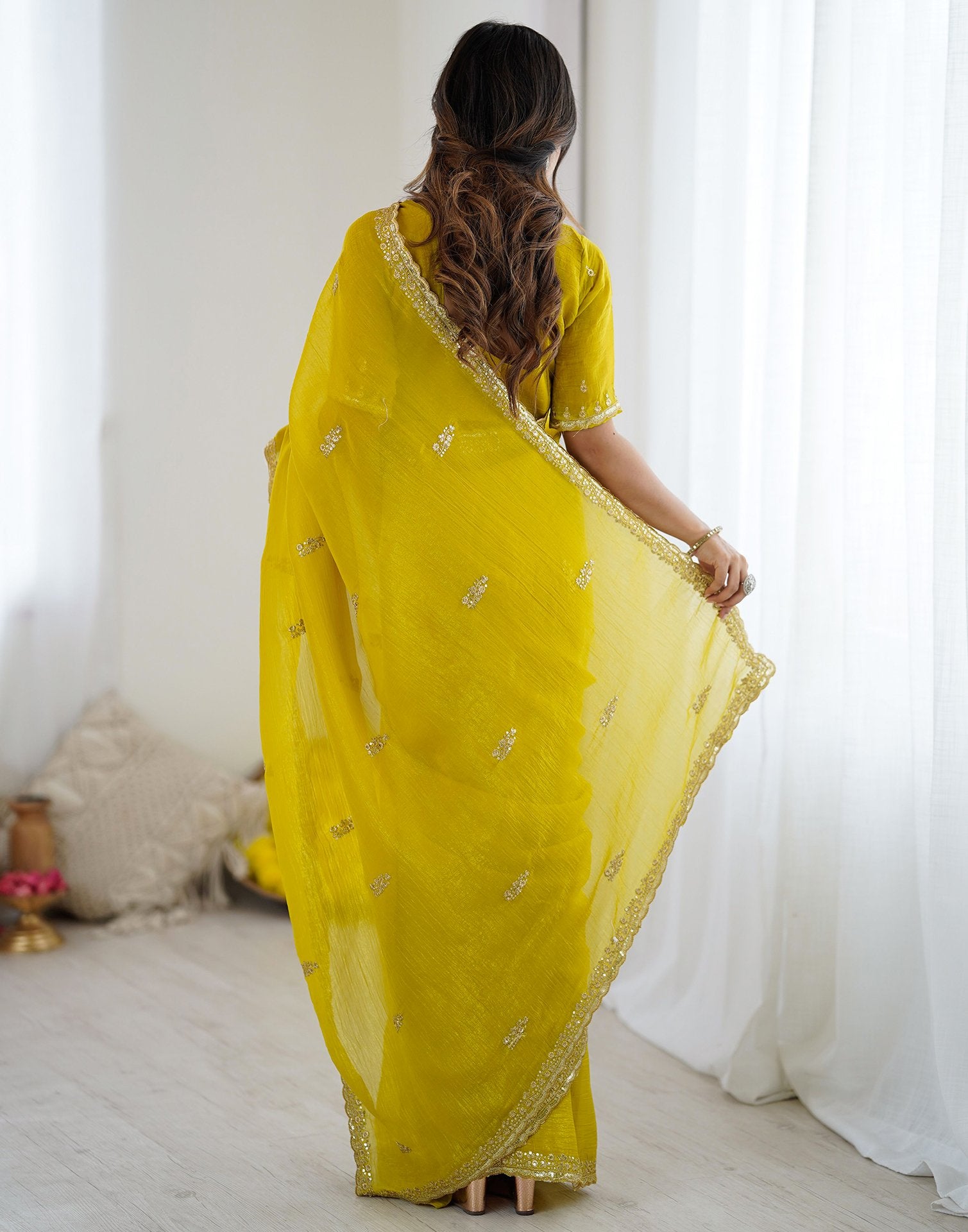 Lime Yellow Tissue Silk Sequence Embroidery Saree