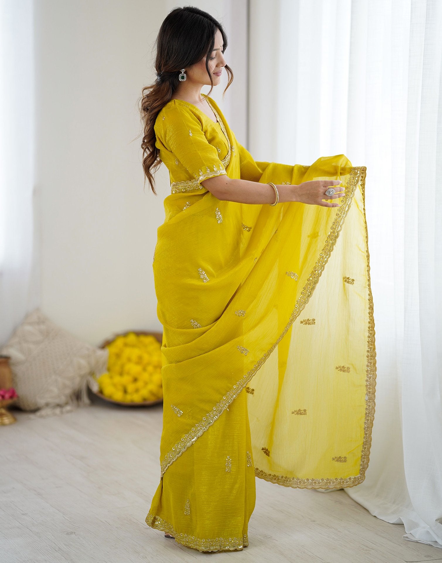 Lime Yellow Tissue Silk Sequence Embroidery Saree