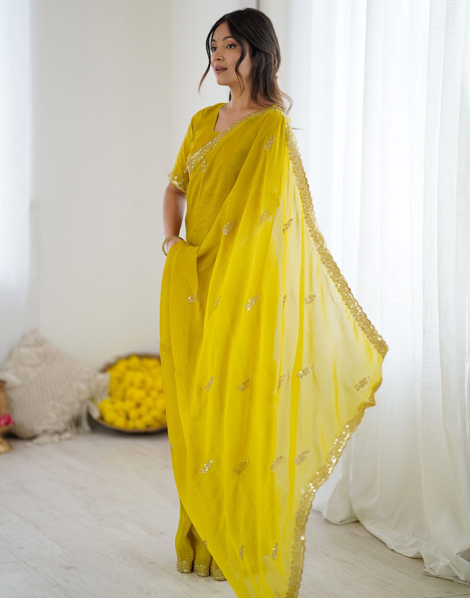 Lime Yellow Tissue Silk Sequence Embroidery Saree
