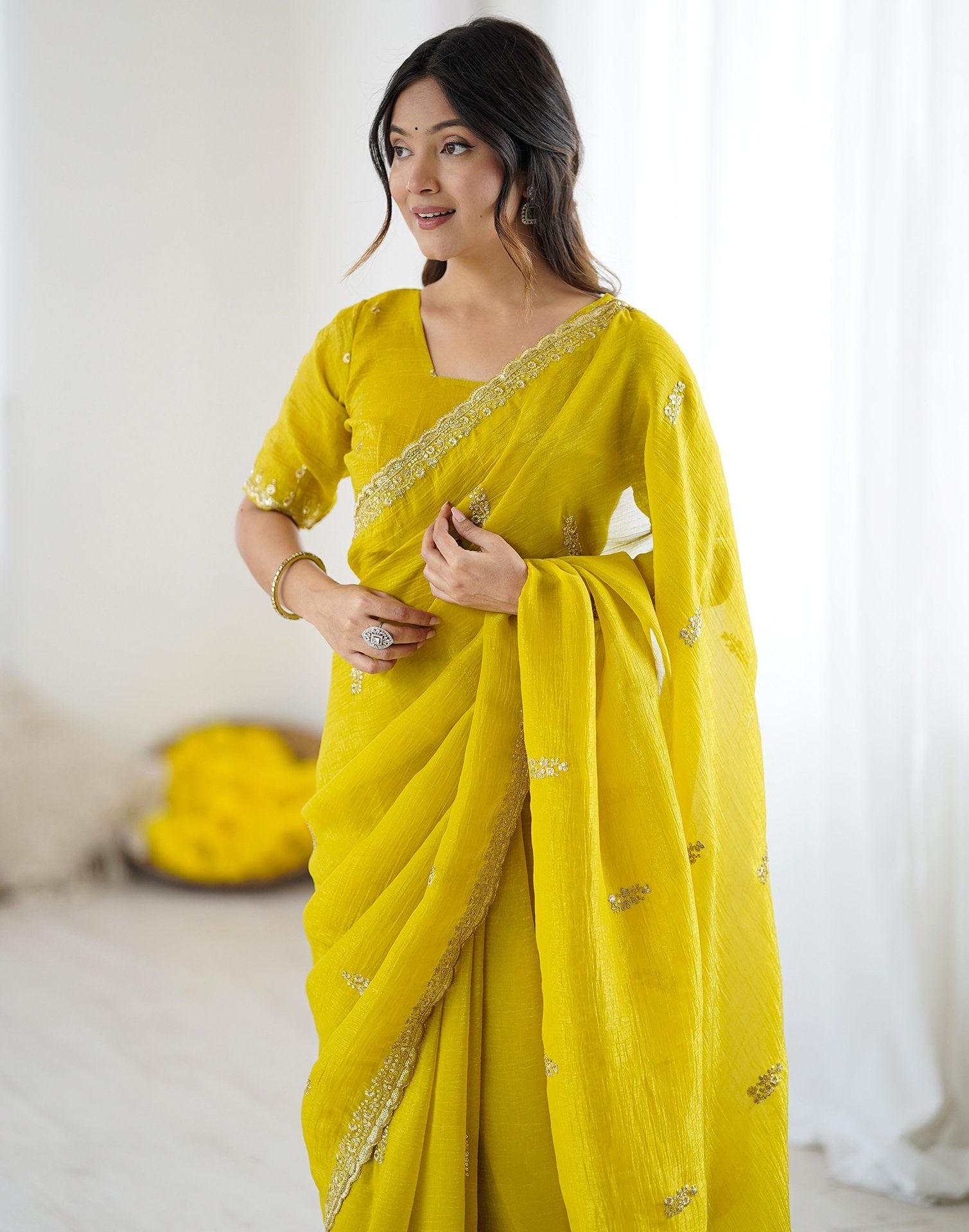 Lime Yellow Tissue Silk Sequence Embroidery Saree