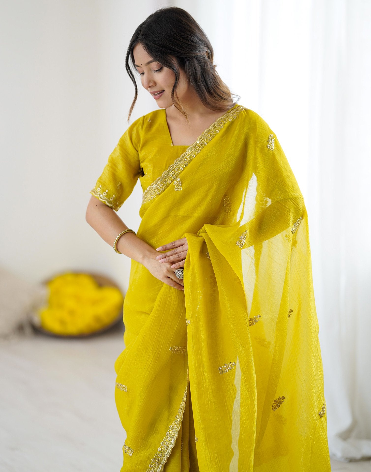 Lime Yellow Tissue Silk Sequence Embroidery Saree