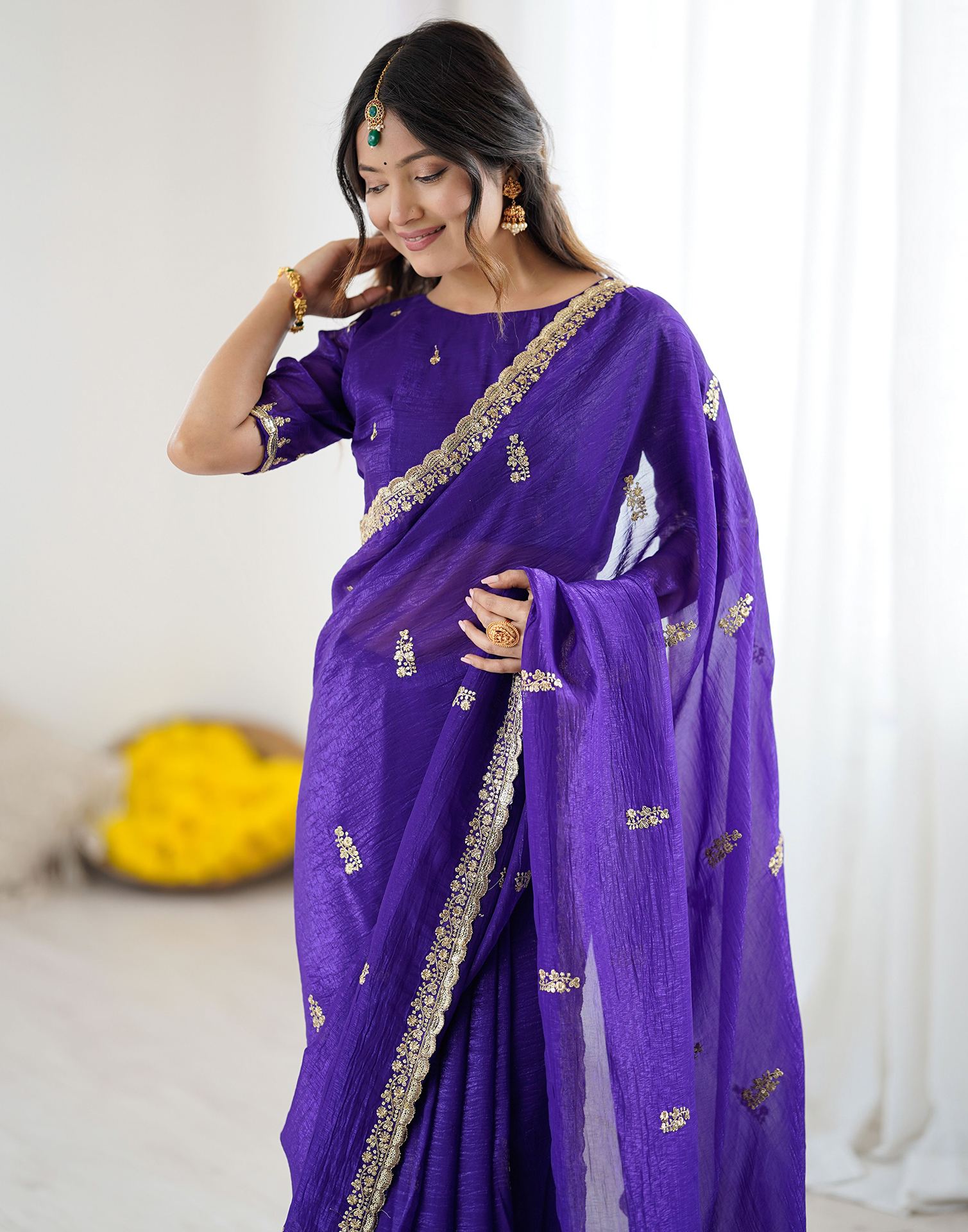 Dark Purple Tissue Silk Sequence Embroidery Saree