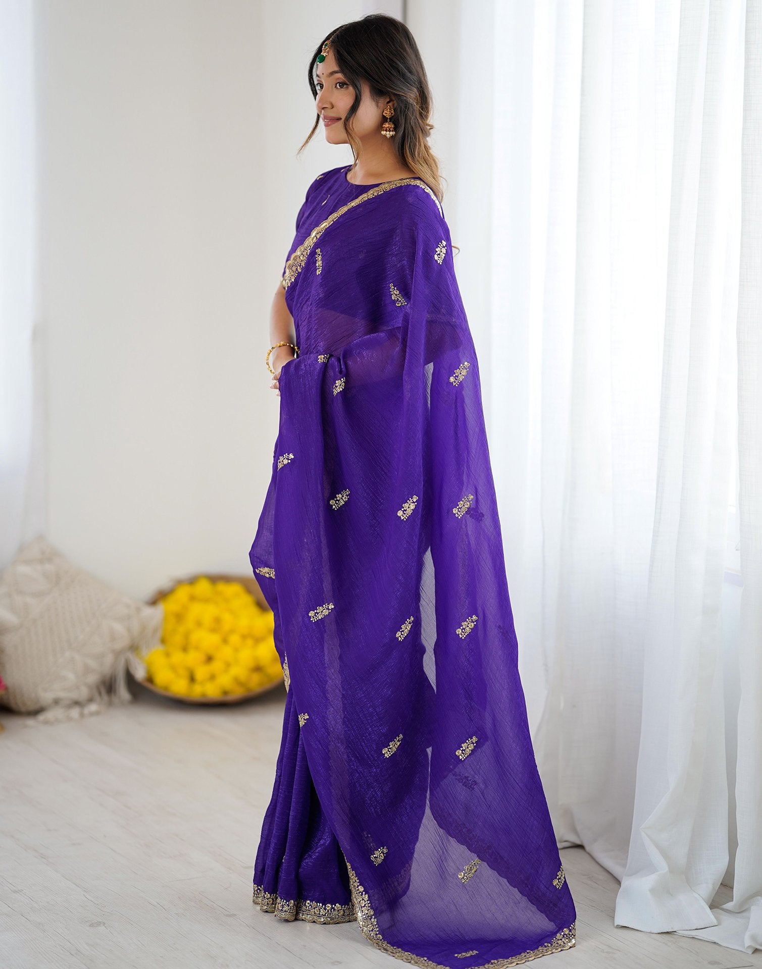Dark Purple Tissue Silk Sequence Embroidery Saree