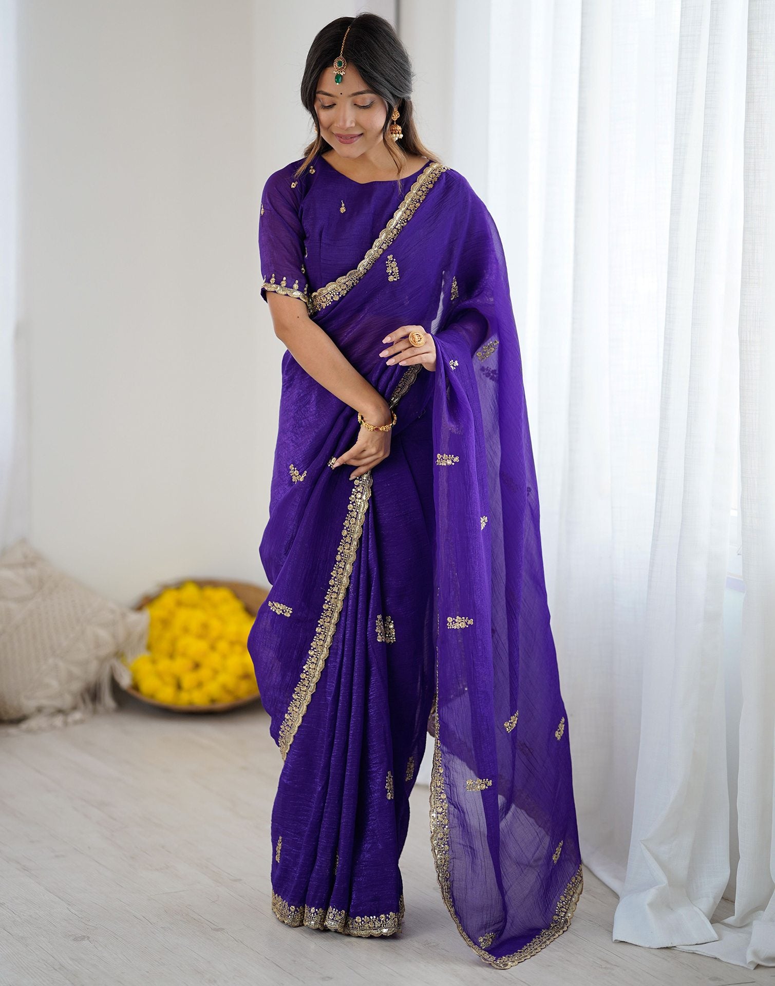 Dark Purple Tissue Silk Sequence Embroidery Saree