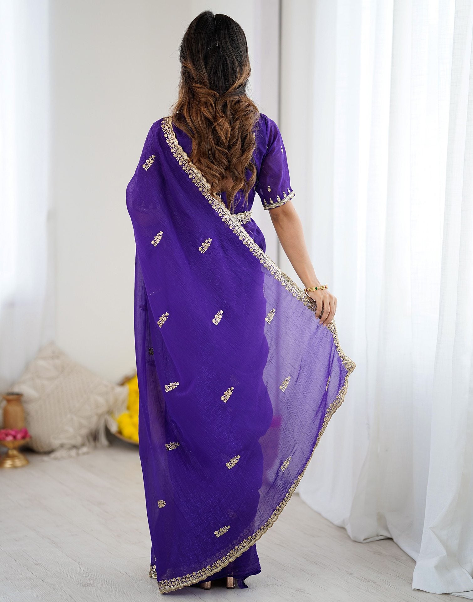 Dark Purple Tissue Silk Sequence Embroidery Saree