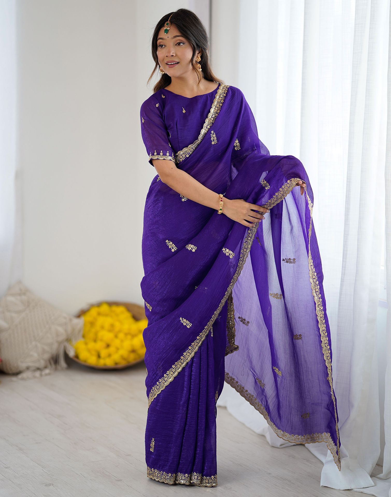 Dark Purple Tissue Silk Sequence Embroidery Saree