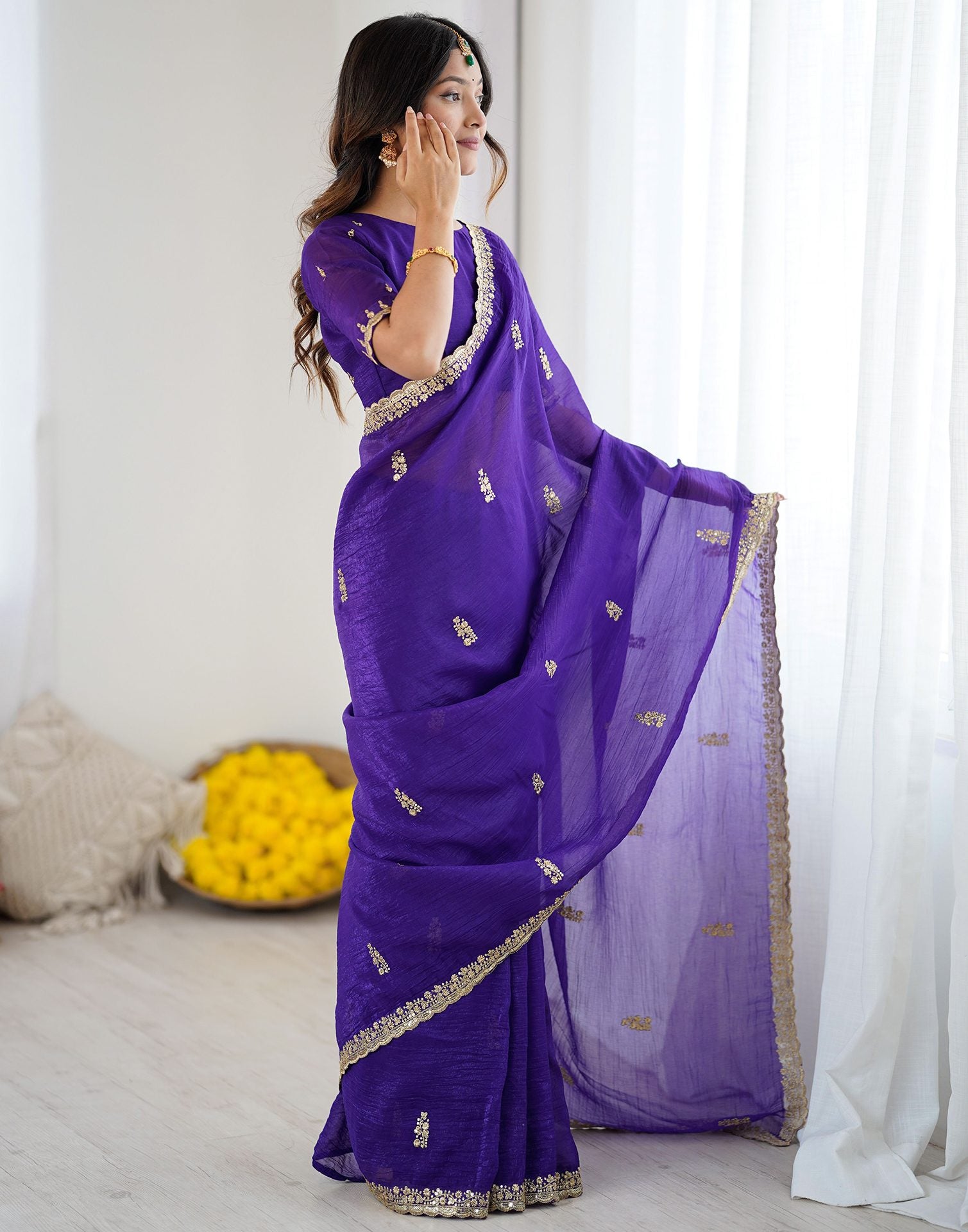 Dark Purple Tissue Silk Sequence Embroidery Saree