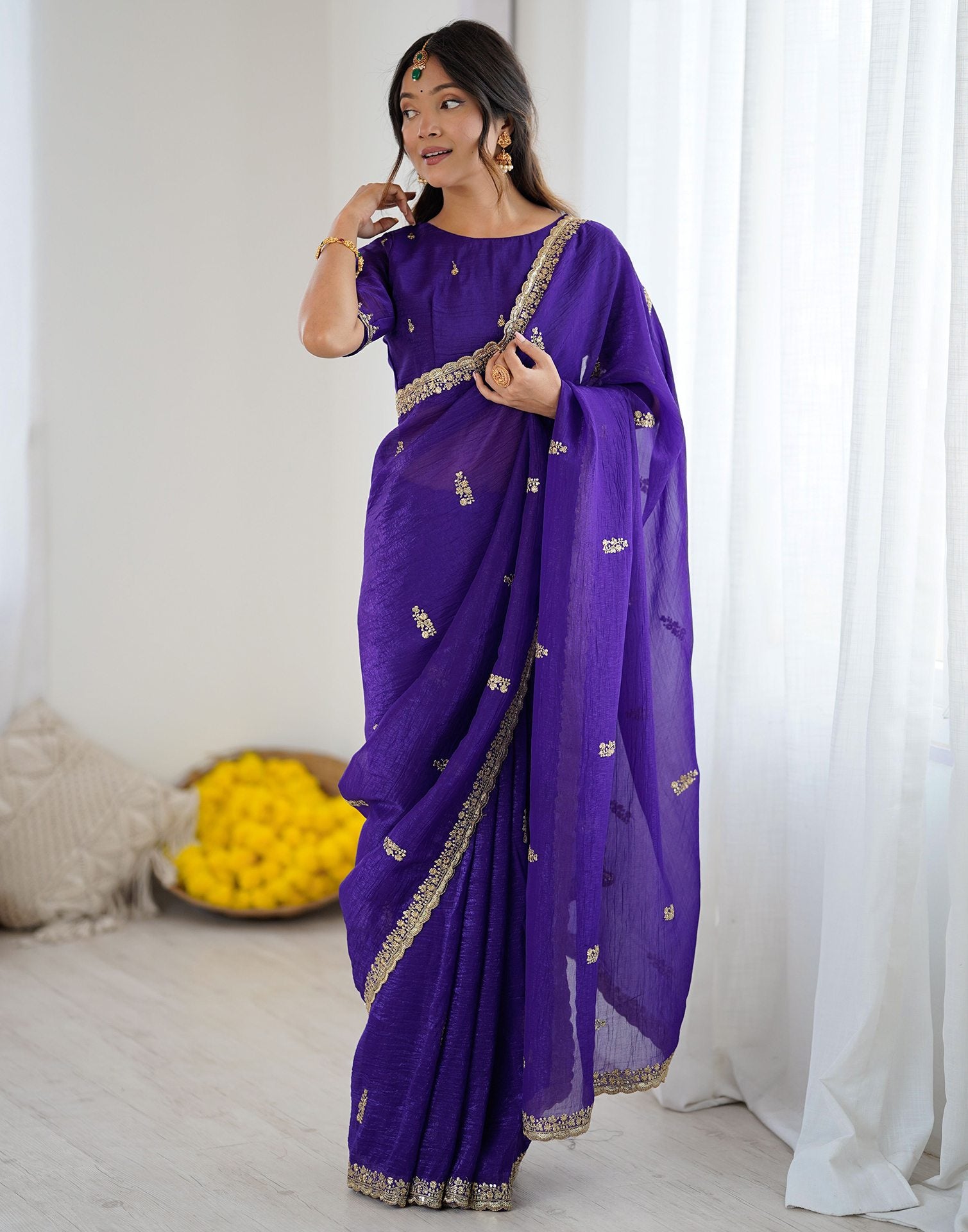 Dark Purple Tissue Silk Sequence Embroidery Saree