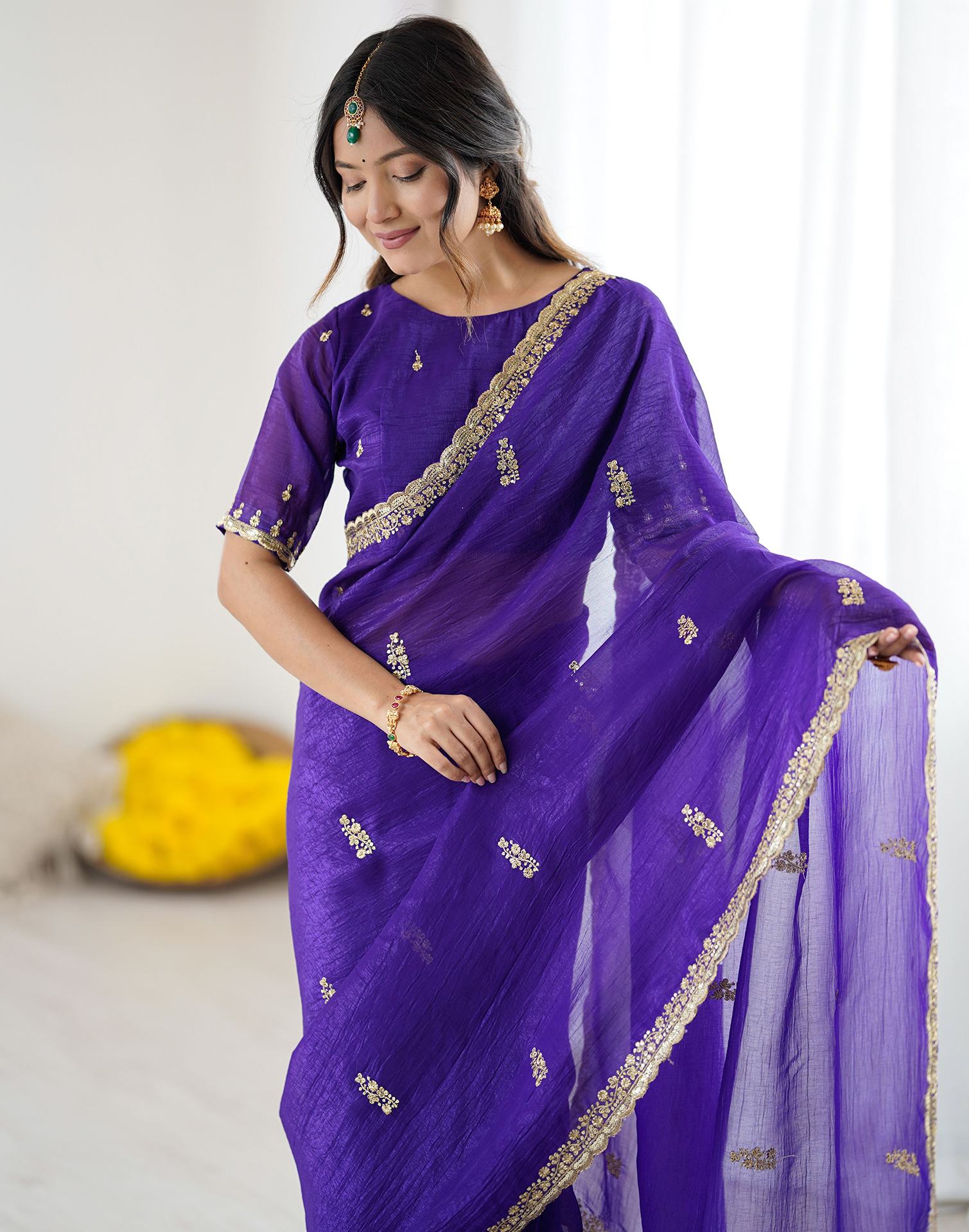 Dark Purple Tissue Silk Sequence Embroidery Saree