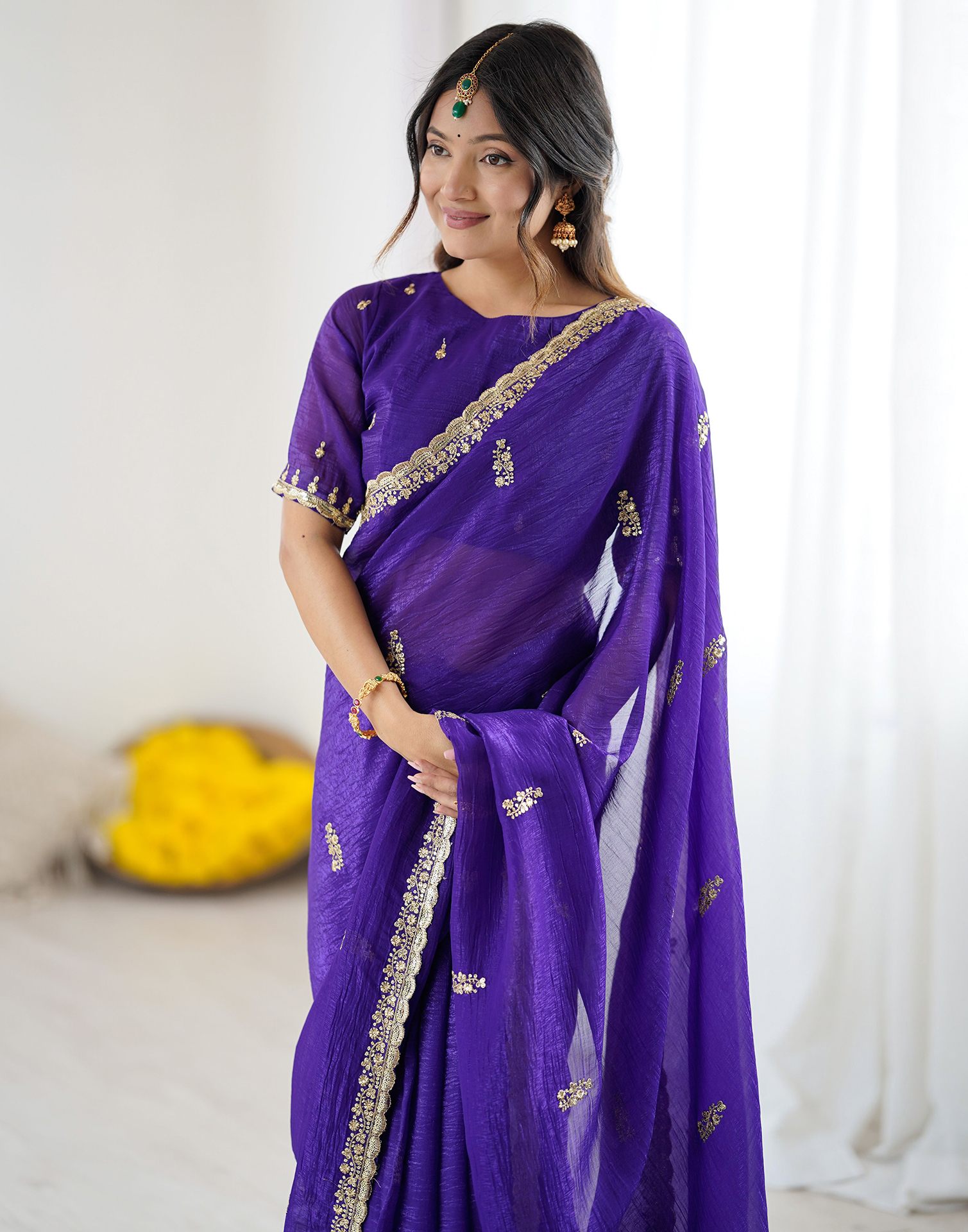 Dark Purple Tissue Silk Sequence Embroidery Saree